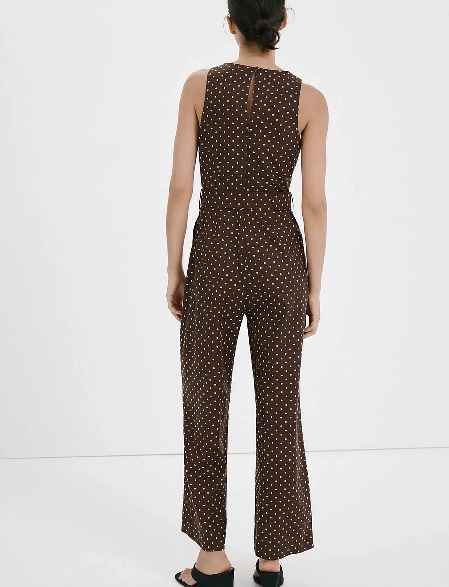 Mango - Linen jumpsuit with polka-dot belt - jumpsuits - dark brown - 2