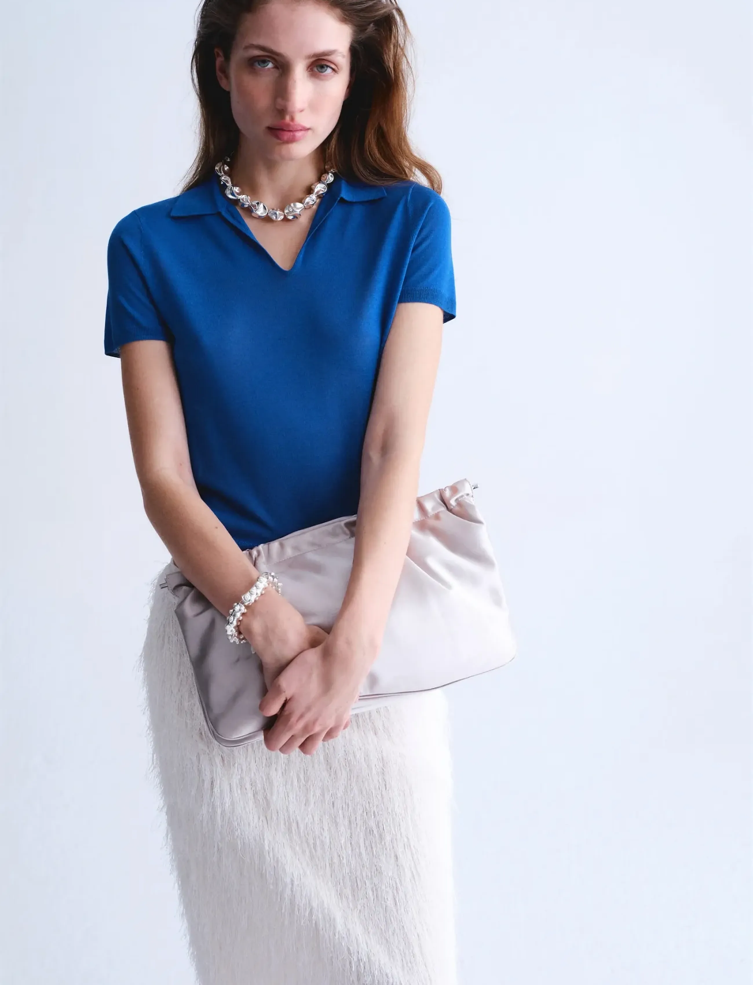 Mango Fine-Knit Lyocell Polo Shirt, M, Blue, T-Shirts Og Toppe > Poloer, Dame