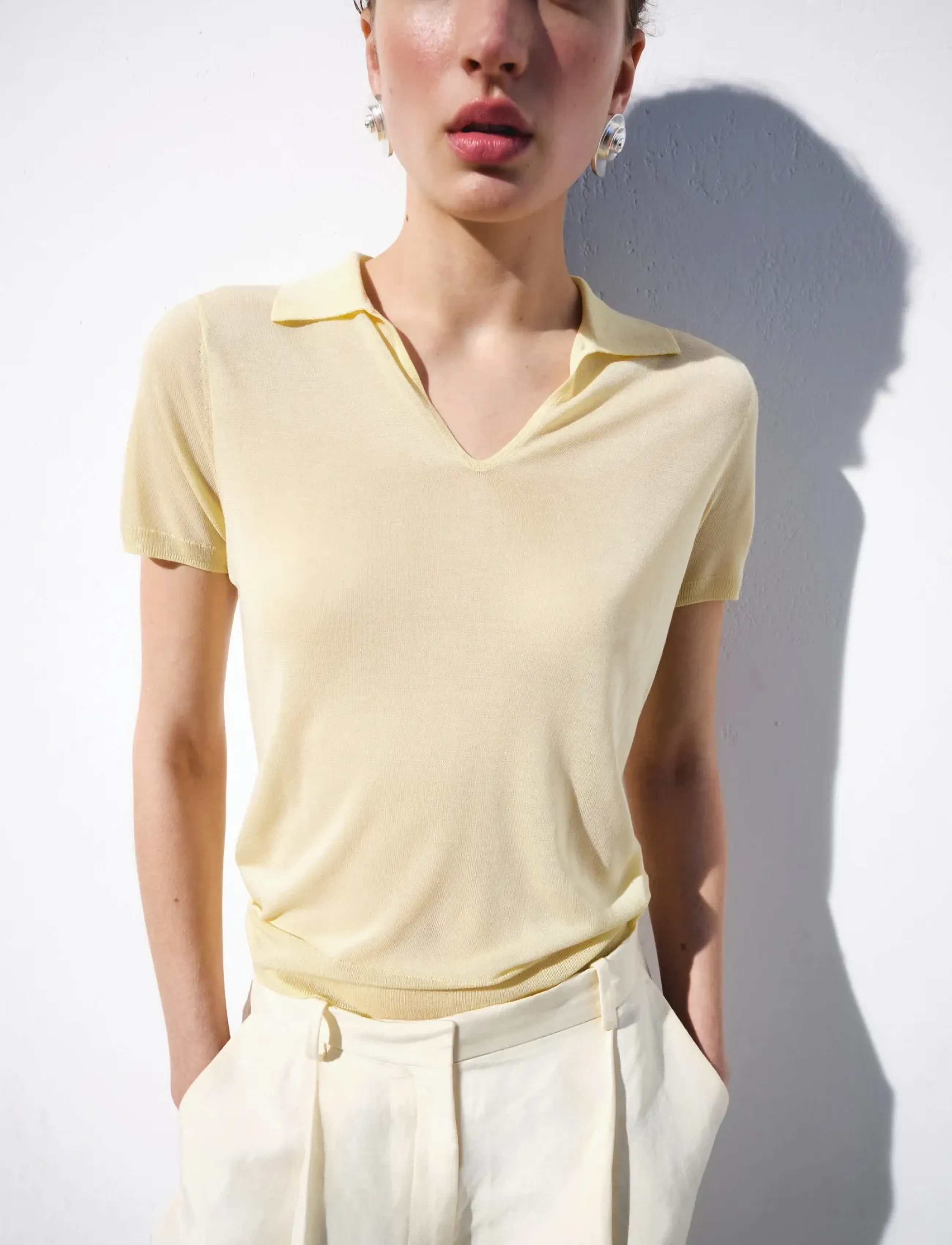 Mango Fine-Knit Lyocell Polo Shirt, S, Yellow, T-Shirts Og Toppe > Poloer, Dame