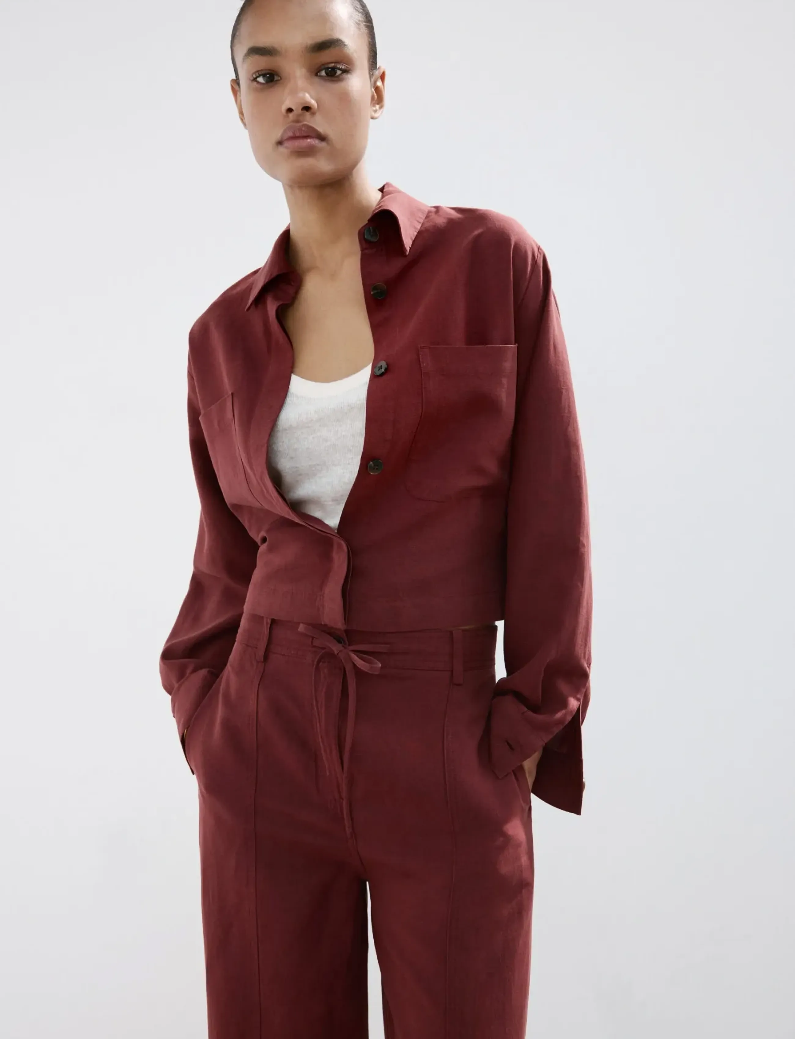 Mango Pocket Lyocell Overshirt, M, Burgundy, Overdele > Overtrøjer, Dame