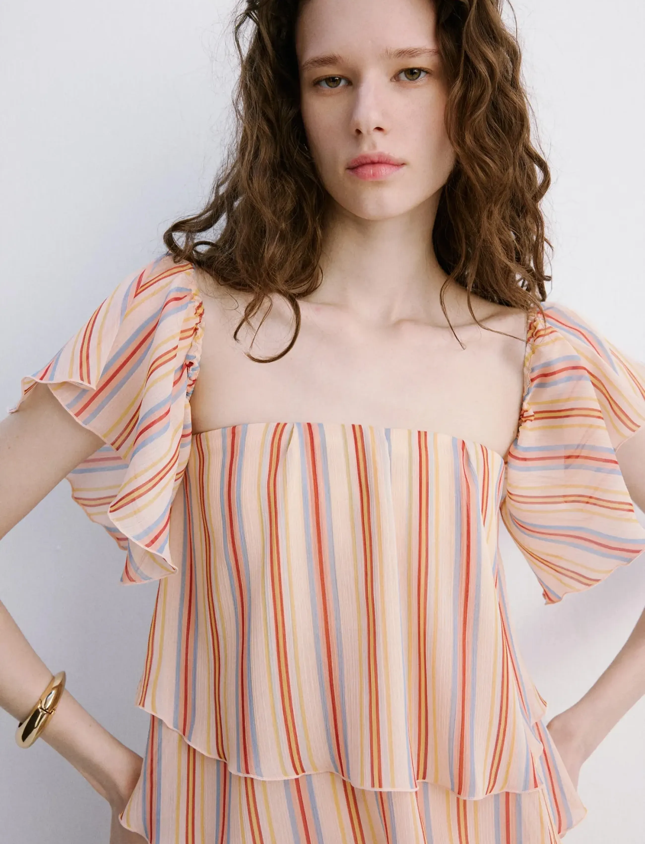 Mango Ruffles Stripe-Patterned Blouse, S, Blouses, Beige - Sleeveless, Frauen