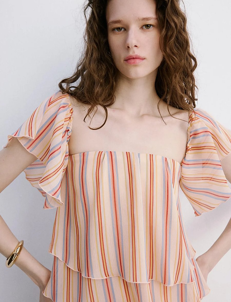 Mango - Ruffles stripe-patterned blouse - Ærmeløse bluser - light beige - 0