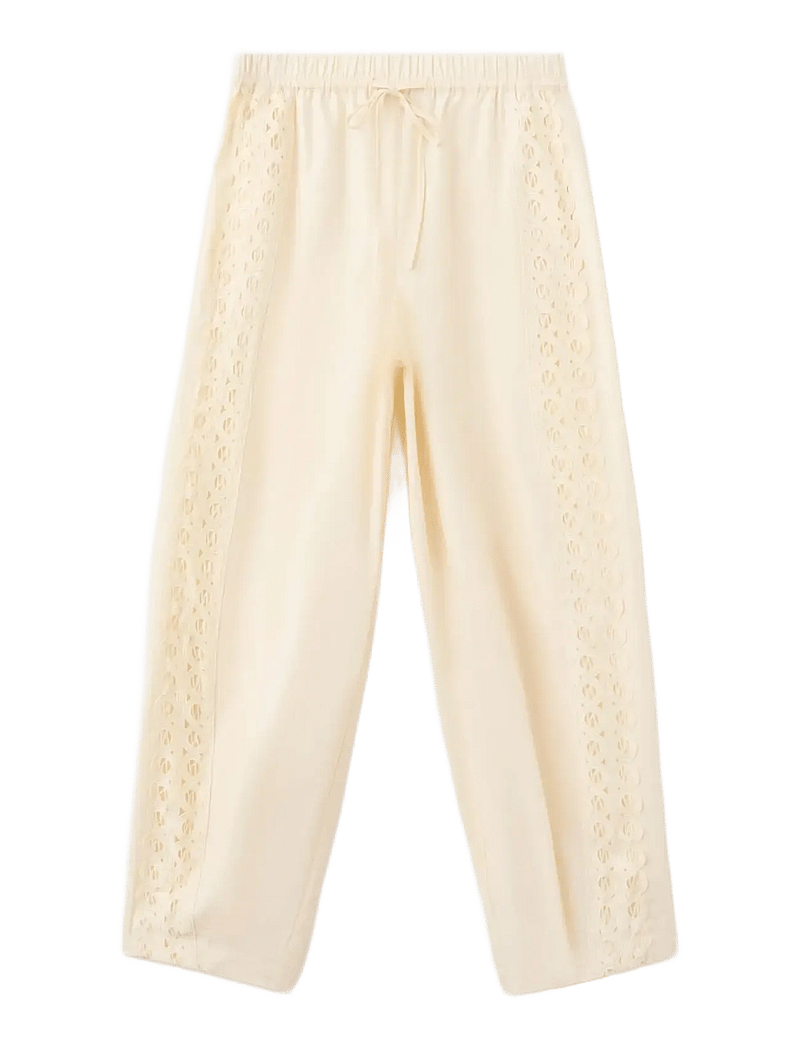 Mango - 100% cotton trousers with embroidered stripe - bukser med lige ben - light beige - 1