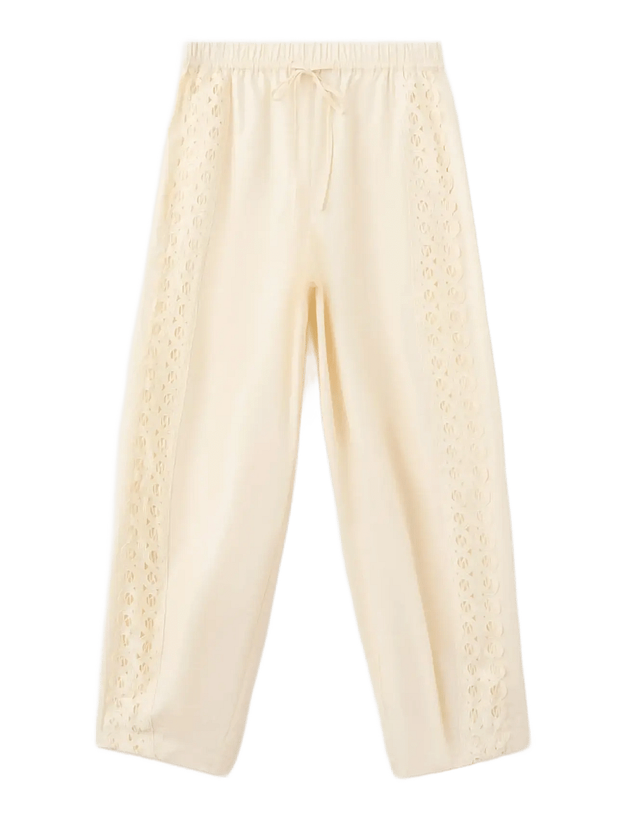 Mango - 100% cotton trousers with embroidered stripe - bukser med lige ben - light beige - 1