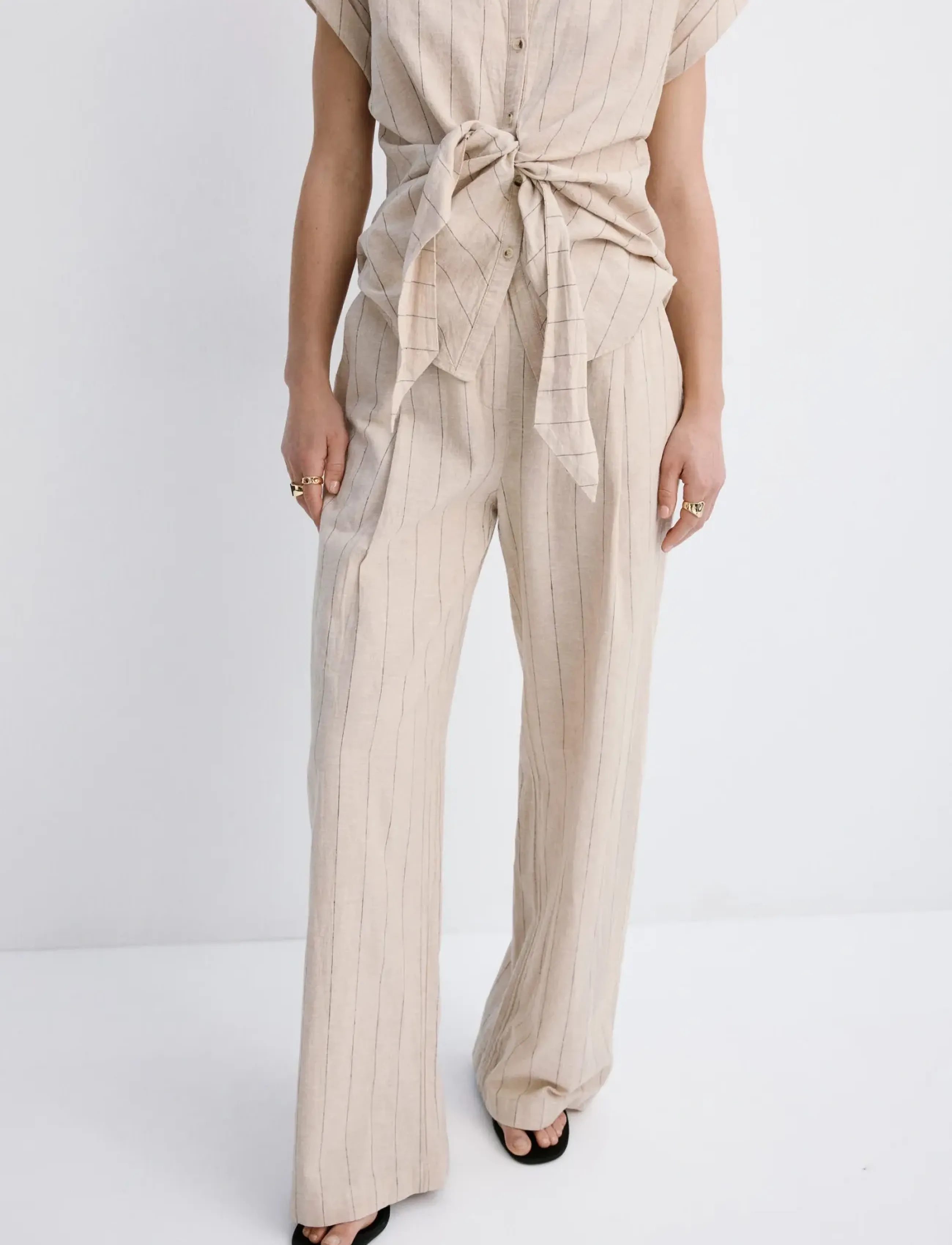 Mango Pinstripe Linen Trousers, 44, Beige, Bukser > Lige Ben, Dame