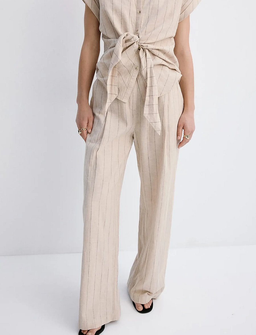 Mango - Pinstripe linen trousers - hørbukser - brown - 0