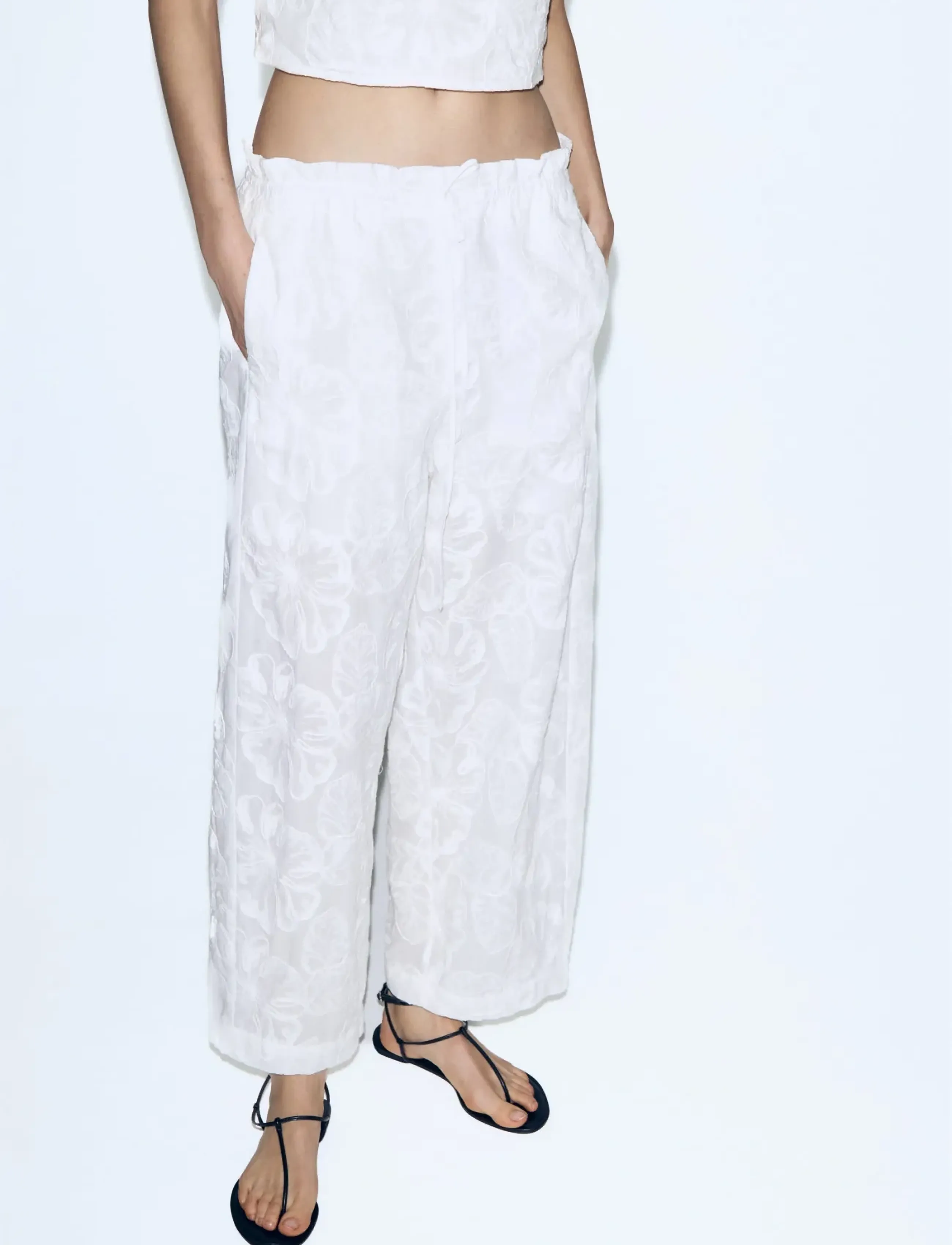 Mango Embroidered Floral Cotton Trousers, L, Weiß - Straight Leg, Frauen