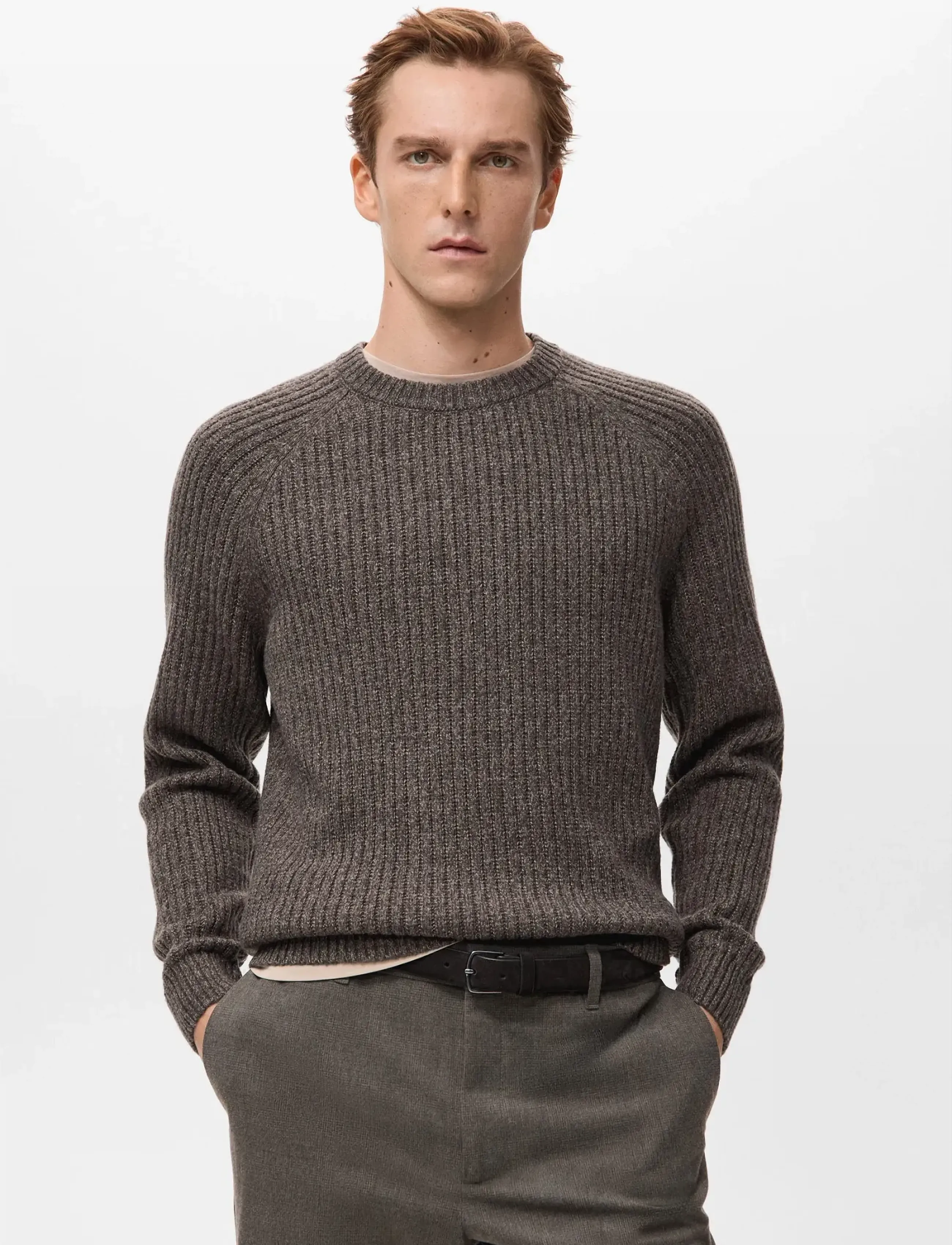 Mango Wool-Blend Rib-Knit Sweater, S, Brown, Strik > Runde Halse, Herre