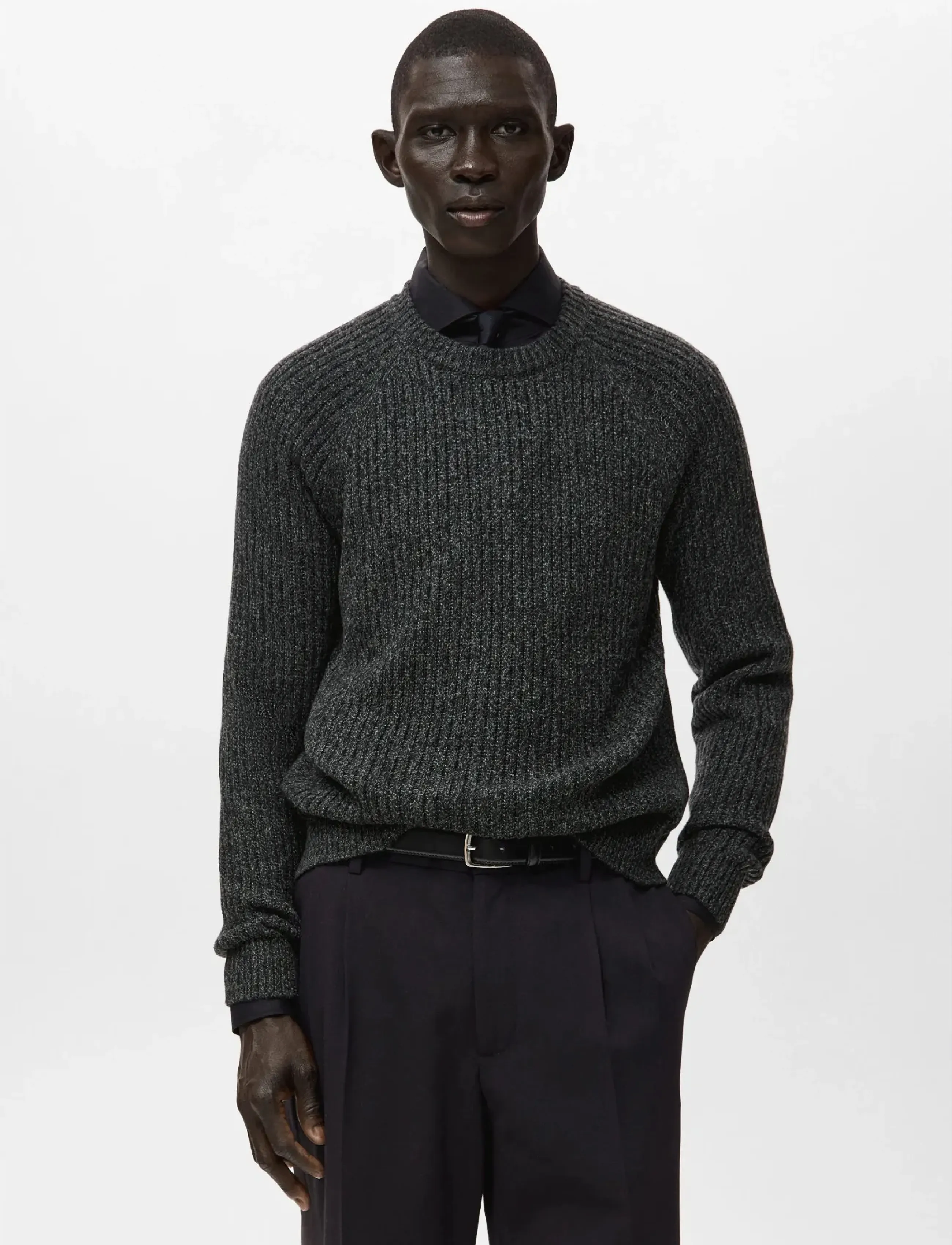 Mango Wool-Blend Rib-Knit Sweater, S, Grey, Strik > Runde Halse, Herre