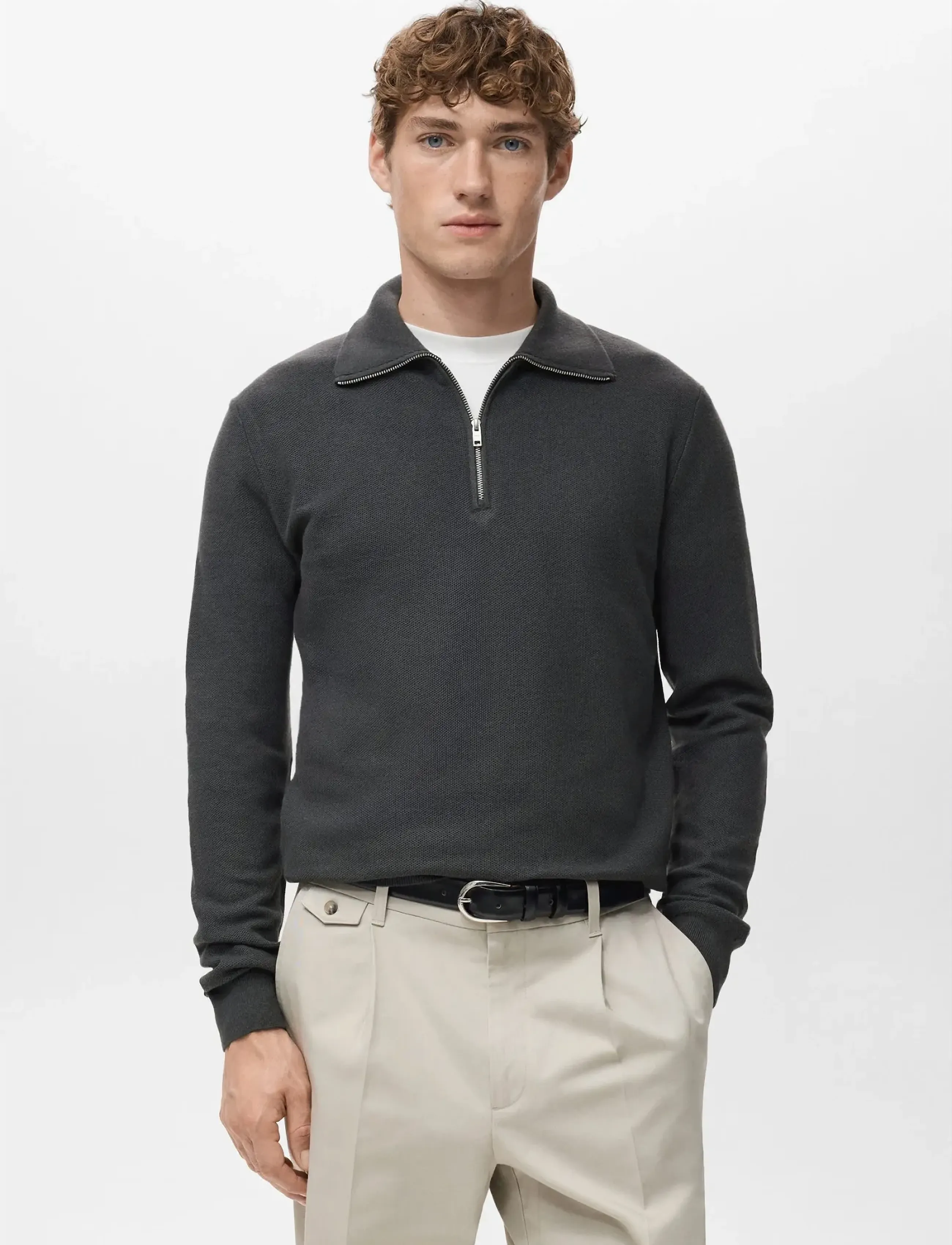 Mango Microstructure Polo Shirt With Zip Neck, L, Knitwear, Grau - Half Jumpers, Männerswear