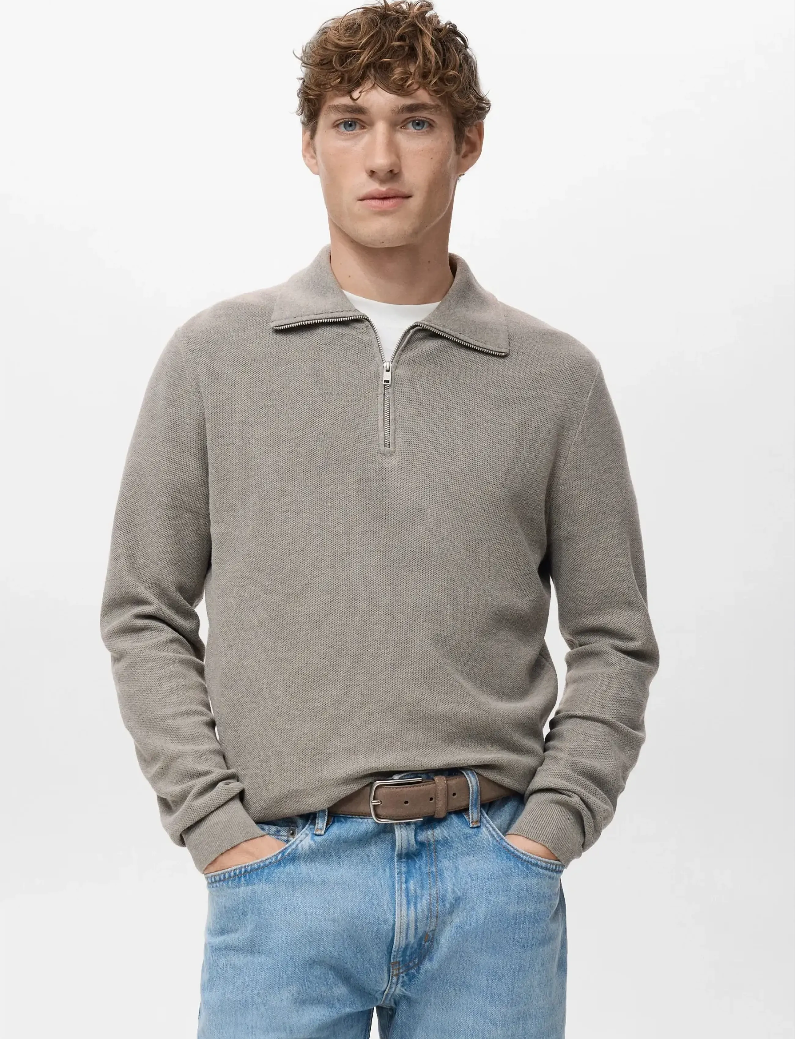 Mango Microstructure Polo Shirt With Zip Neck, M, Knitwear, Grau - Half Jumpers, Männerswear