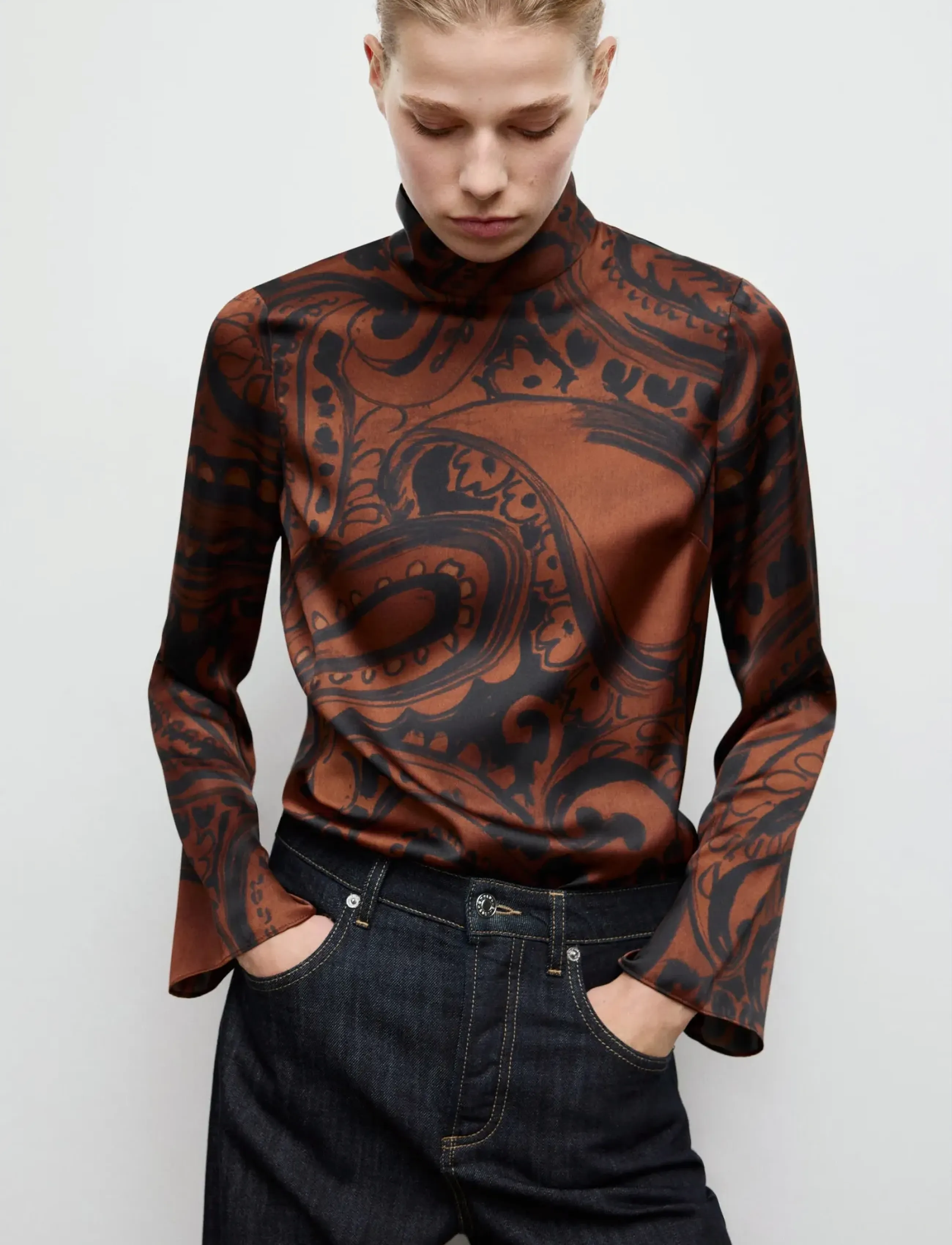 Mango Paisley-Print Satin Blouse, M, Blouses, Braun - Long-sleeved, Frauen