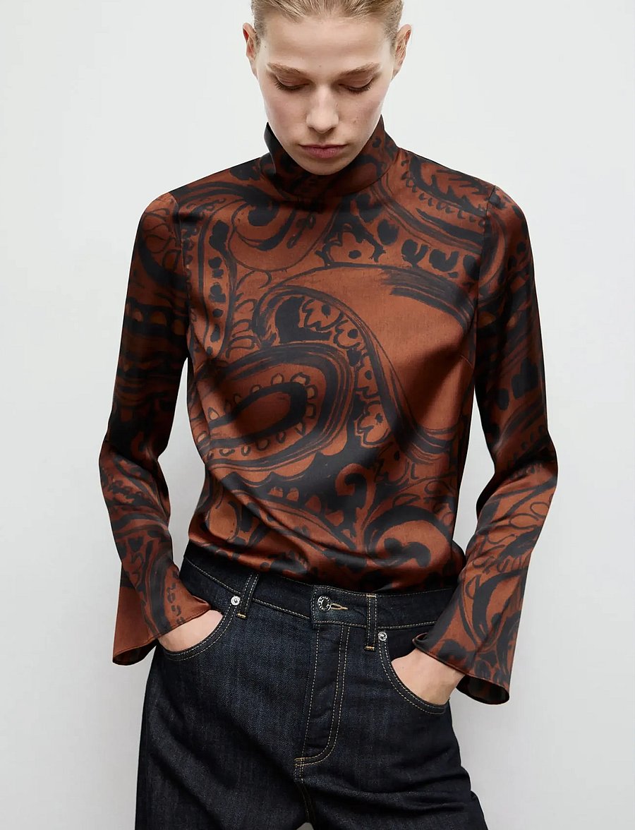 Mango - Paisley-print satin blouse - langermede bluser - medium orange - 0