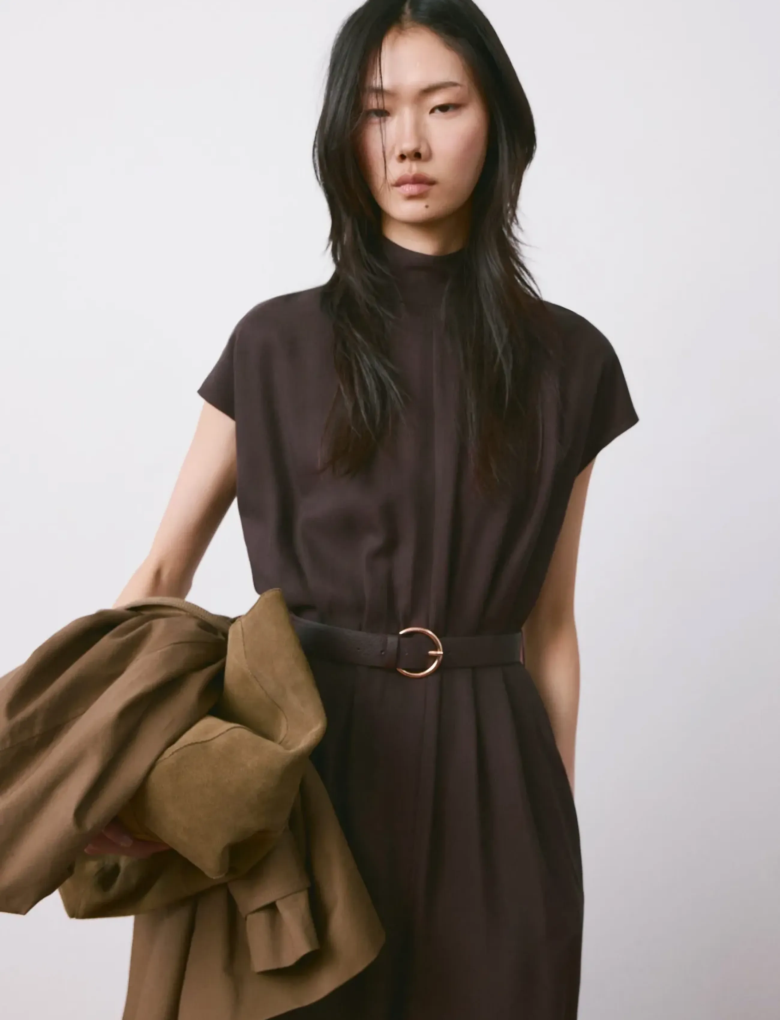 Mango Lyocell Jumpsuit With Belt, M, Brown, Underdele > Jumpsuits, Dame