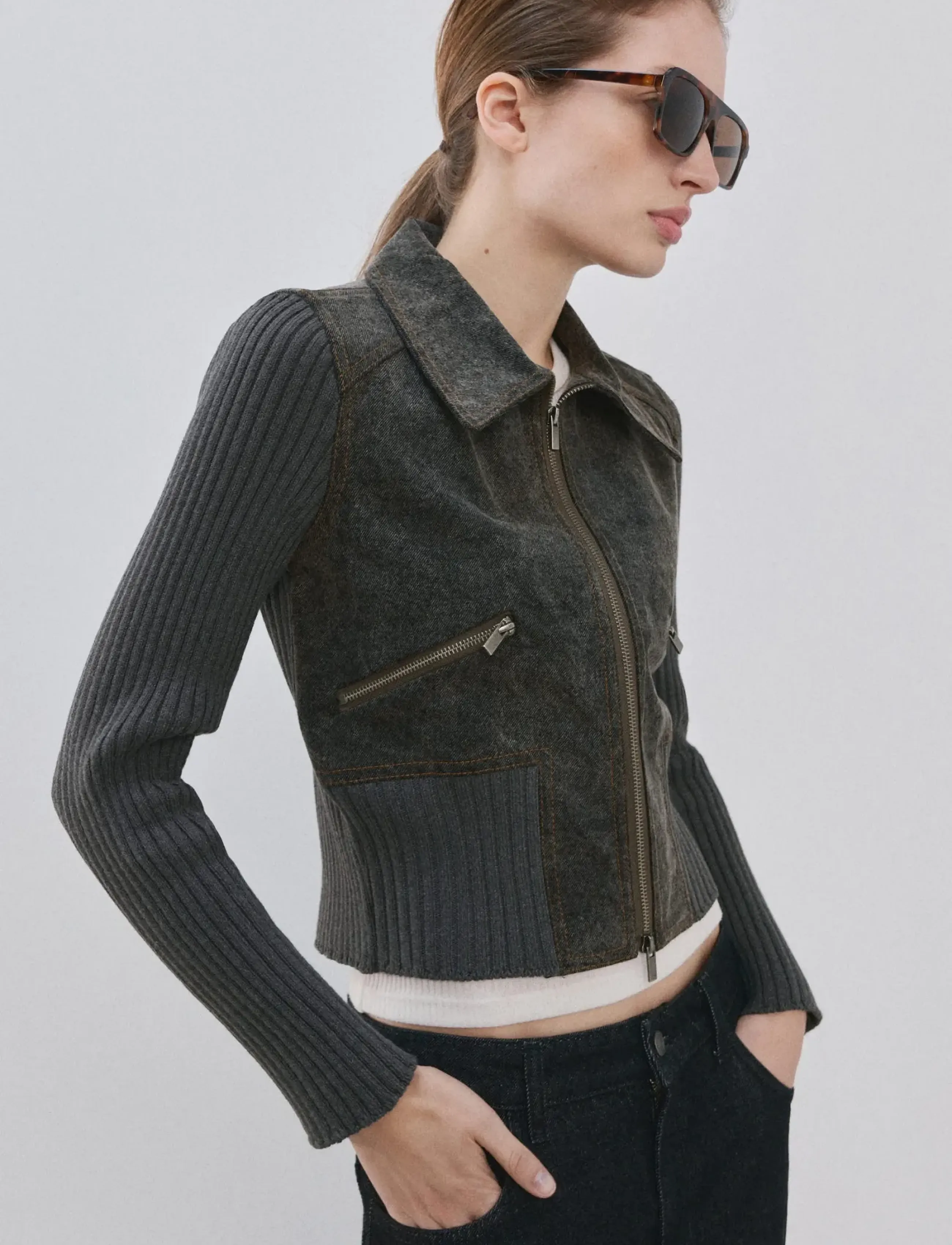 Mango Knitted Jacket With Combined Fabrics, M, Jackets, Grau - Bomber, Frauen