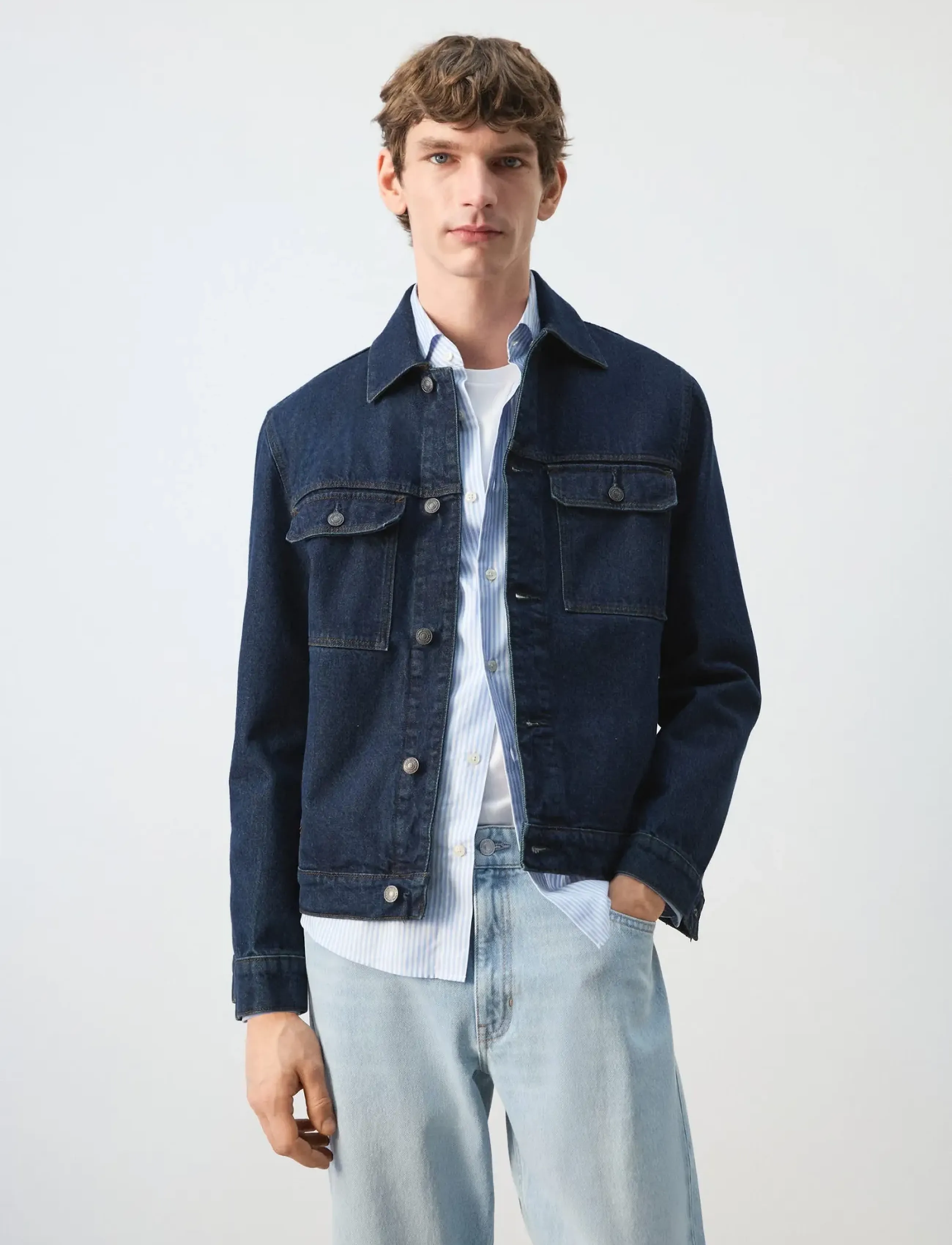 Mango 100% Cotton Denim Jacket With Pockets, L, Denim, Marineblau - Unlined Jackets, Männerswear