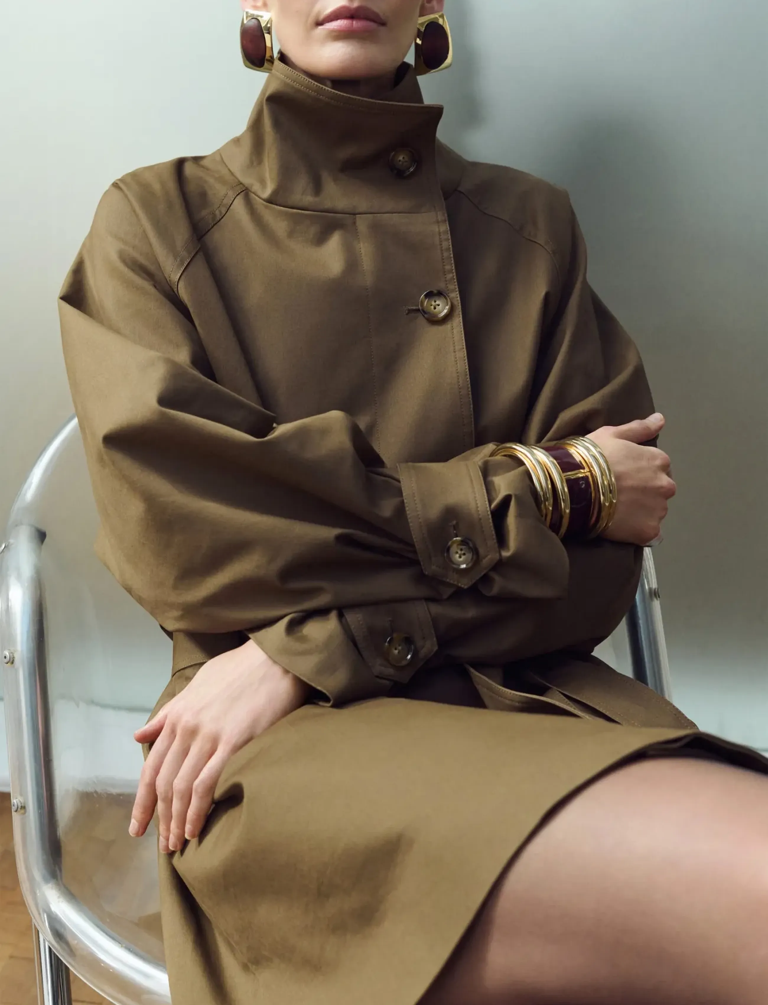 Mango Funnel Neck Belted Trench Coat, XS, Coats, Khakigrün - Frauen