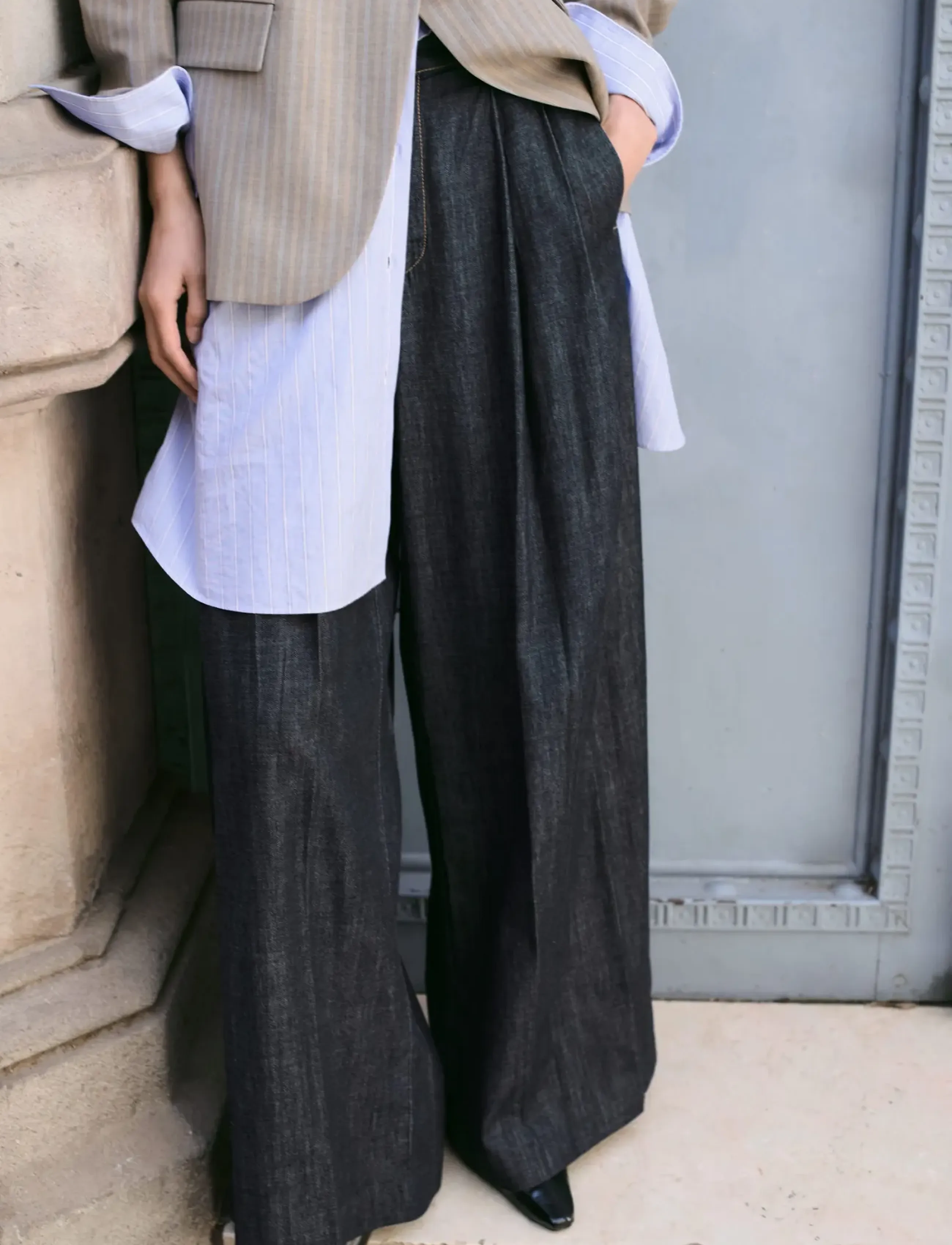 Mango Wide Leg Denim Trousers With Belt Loops, 40, Navy, Bukser > Brede Ben, Dame