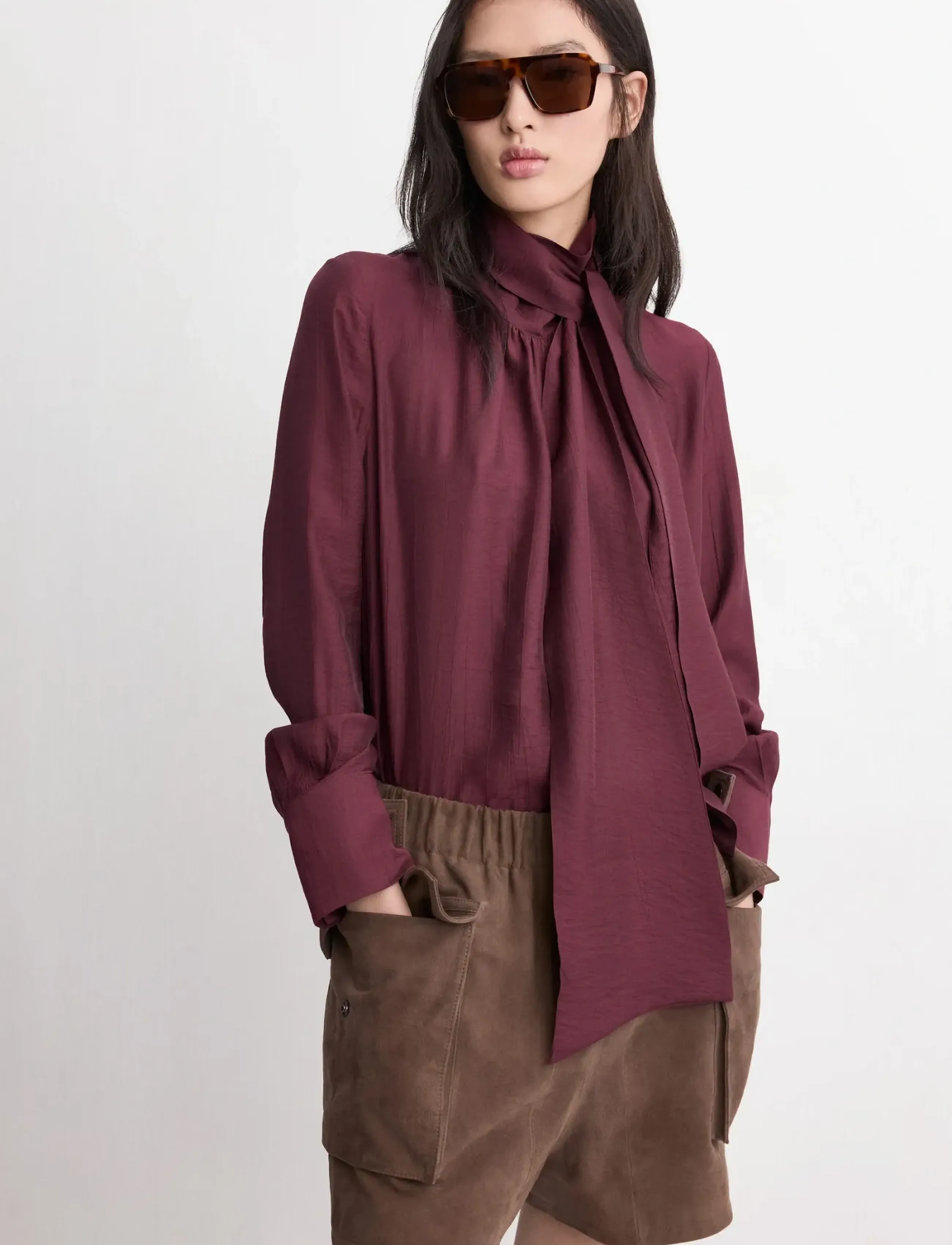 Mango Long-Sleeve Blouse With A Scarf Collar, XS, Burgundy, Bluser > Langærmede, Dame