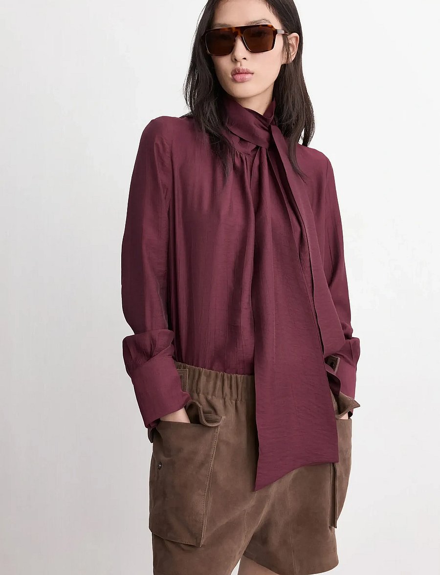 Mango - Long-sleeve blouse with a scarf collar - långärmade blusar - dark red - 0