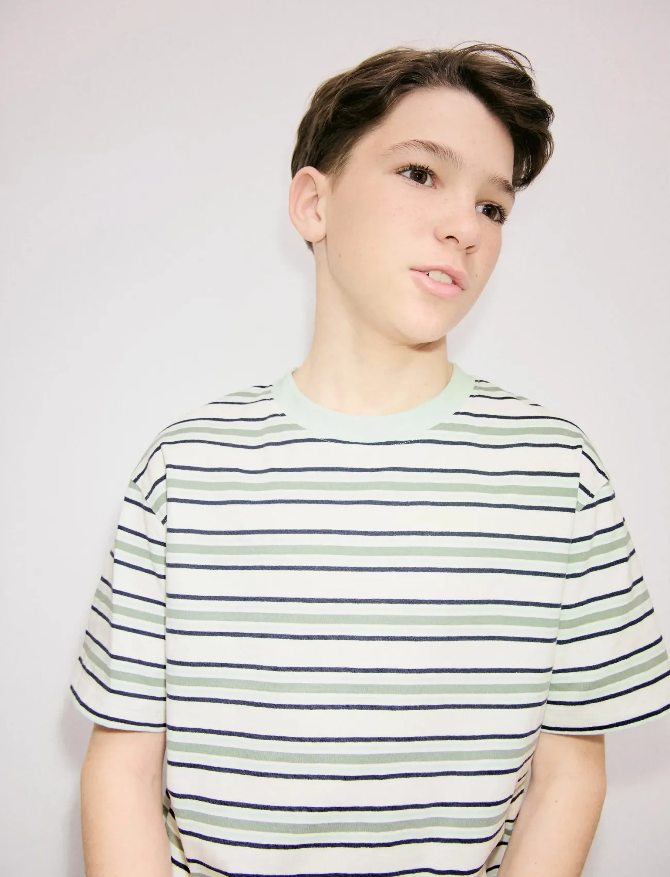 Mango Striped Cotton T-Shirt, 9-10, T-shirts, Grün - Short-sleeved, Kinder