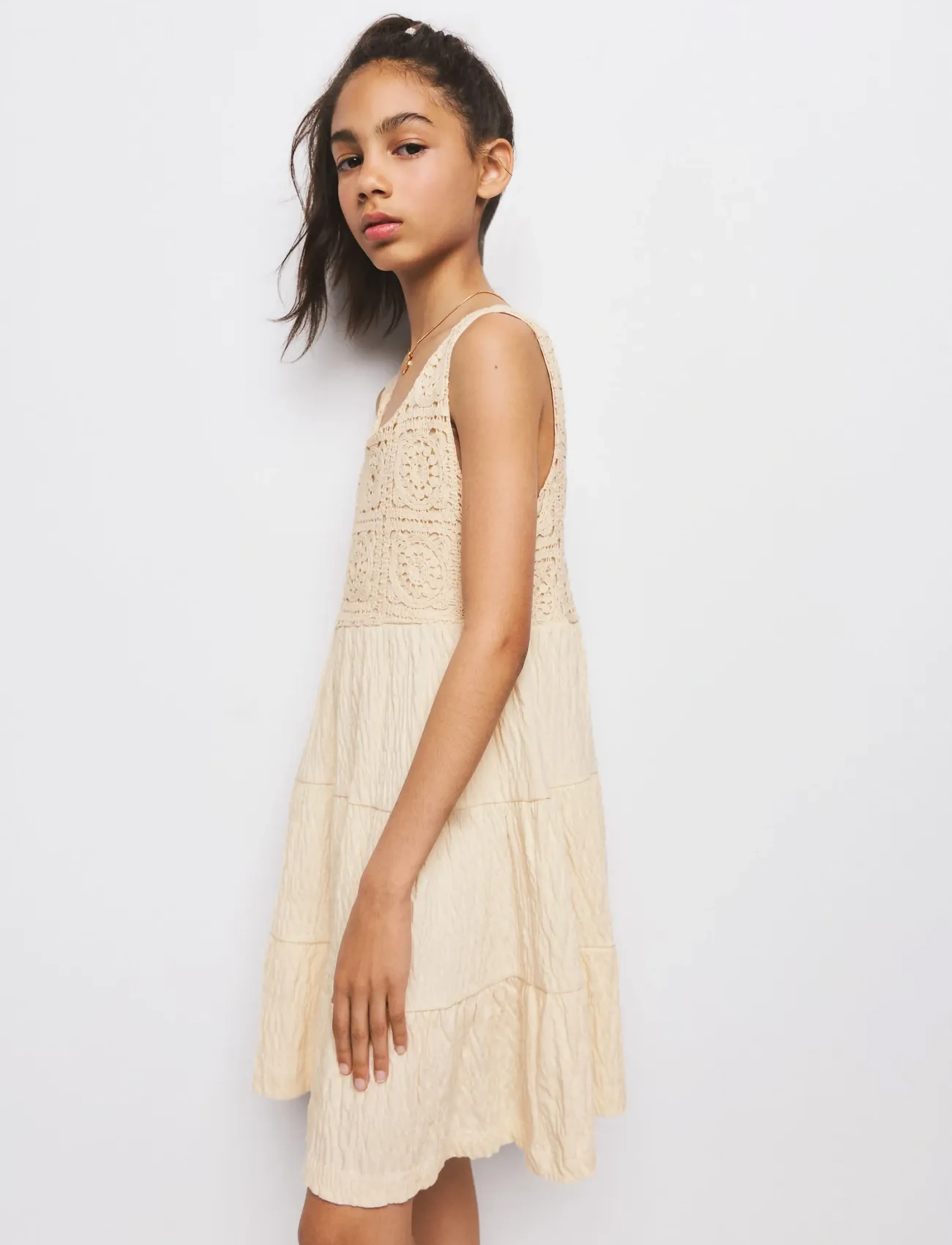 Mango Embroidered Textured Dress, 5-6, Casual Dresses, Beige - Sleeveless Kinder