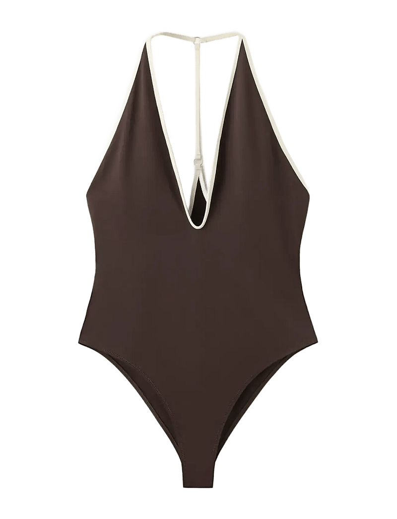 Mango - V-neck swimsuit with contrasting trim - badedragter - dark brown - 1