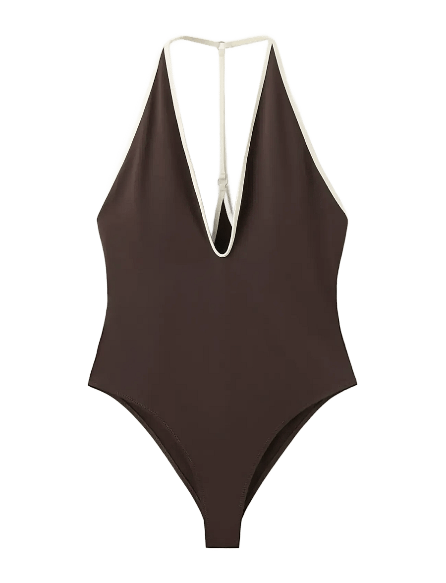 Mango - V-neck swimsuit with contrasting trim - badedrakter - dark brown - 1