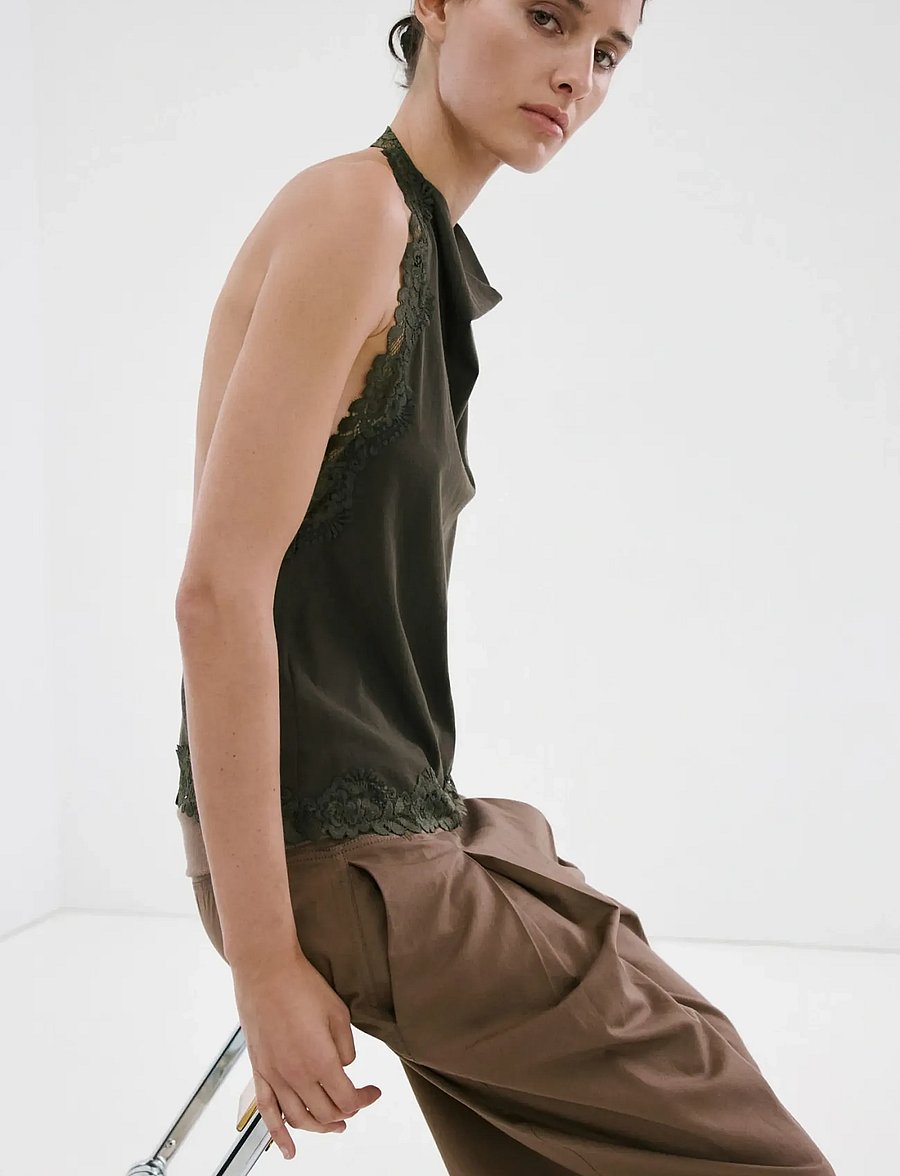 Mango - Lace halter neck top - tanktops - beige - khaki - 0