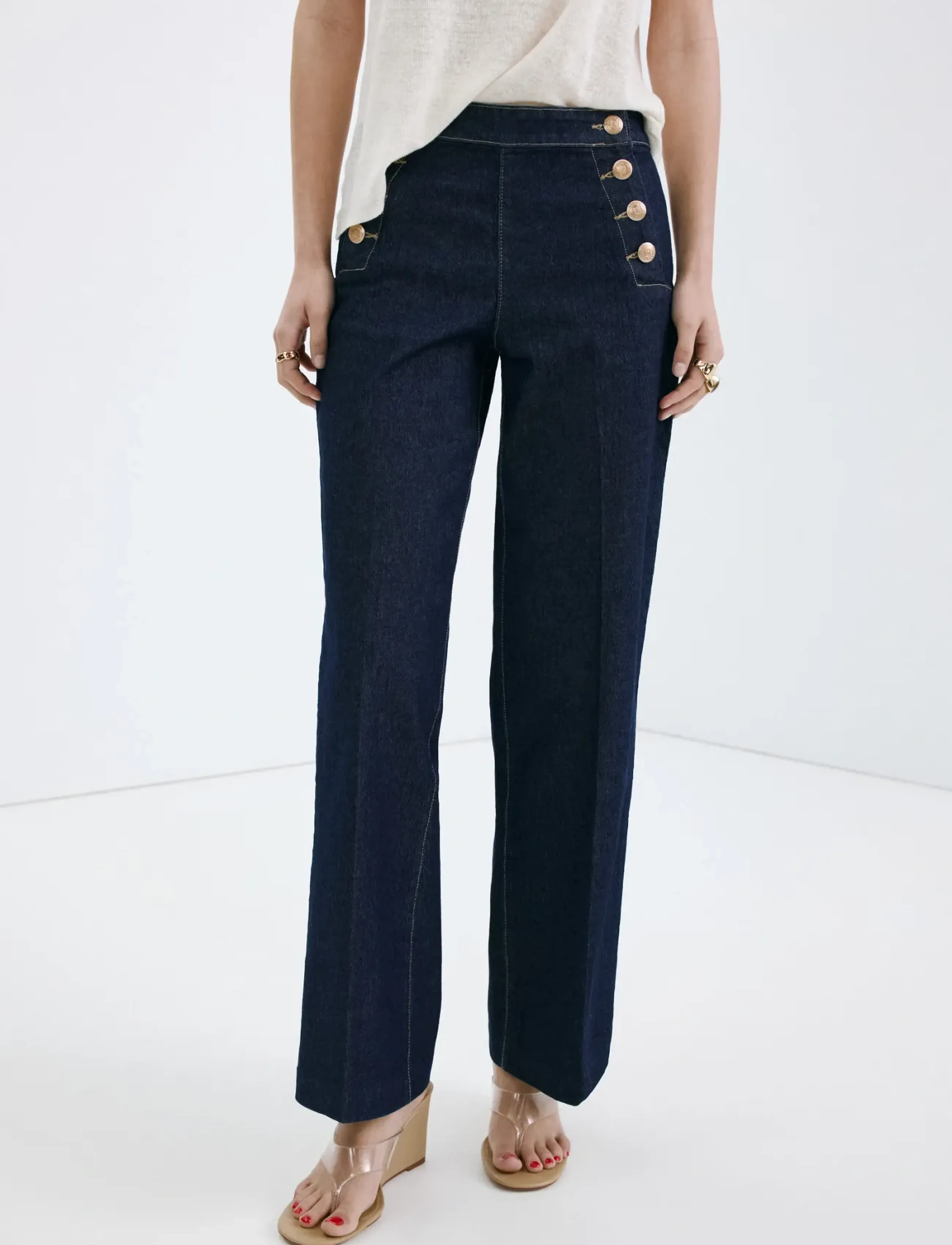 Mango Wide-leg jeans with side buttons - Tøj - OPEN BLUE / gold