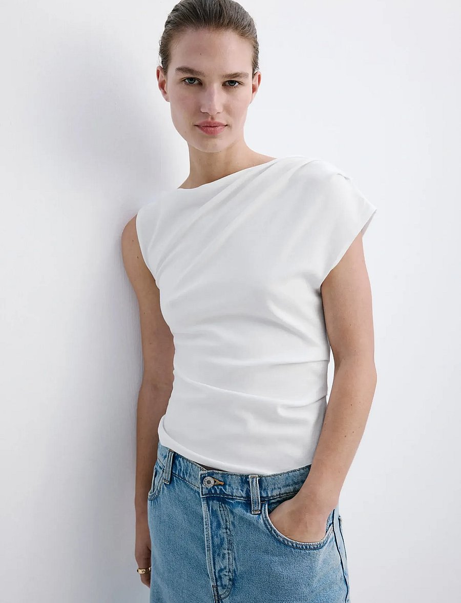 Mango - Asymmetric ruched top - t-shirts - white - 0