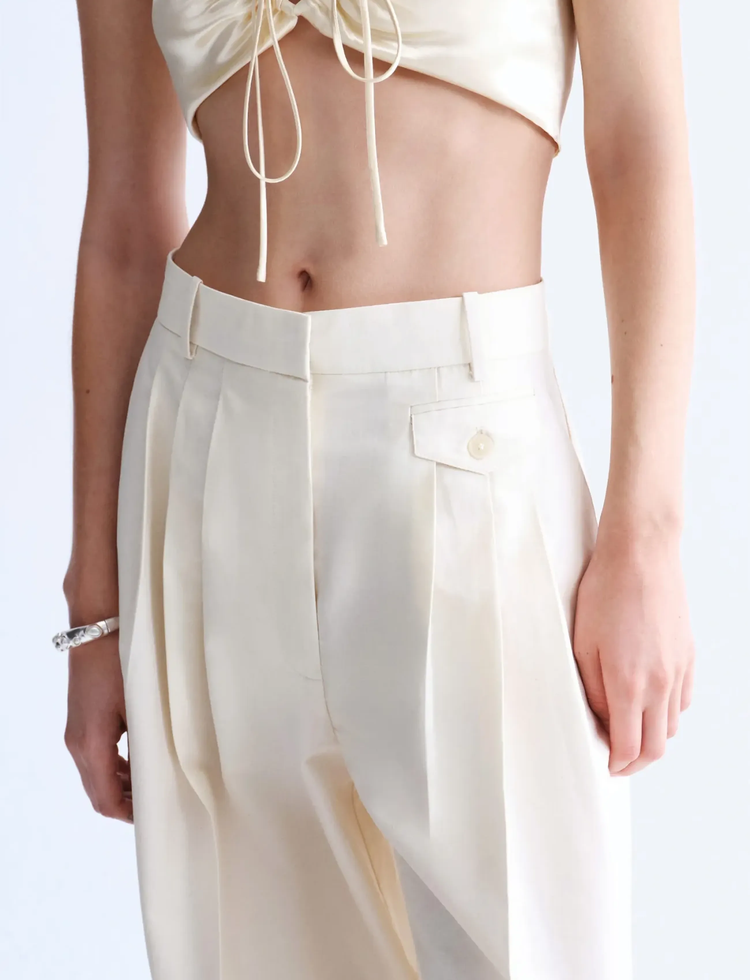 Mango Straight Cotton Trousers With Pleats, Kvinder, Plisserede Culottes, Cream, Str: 36
