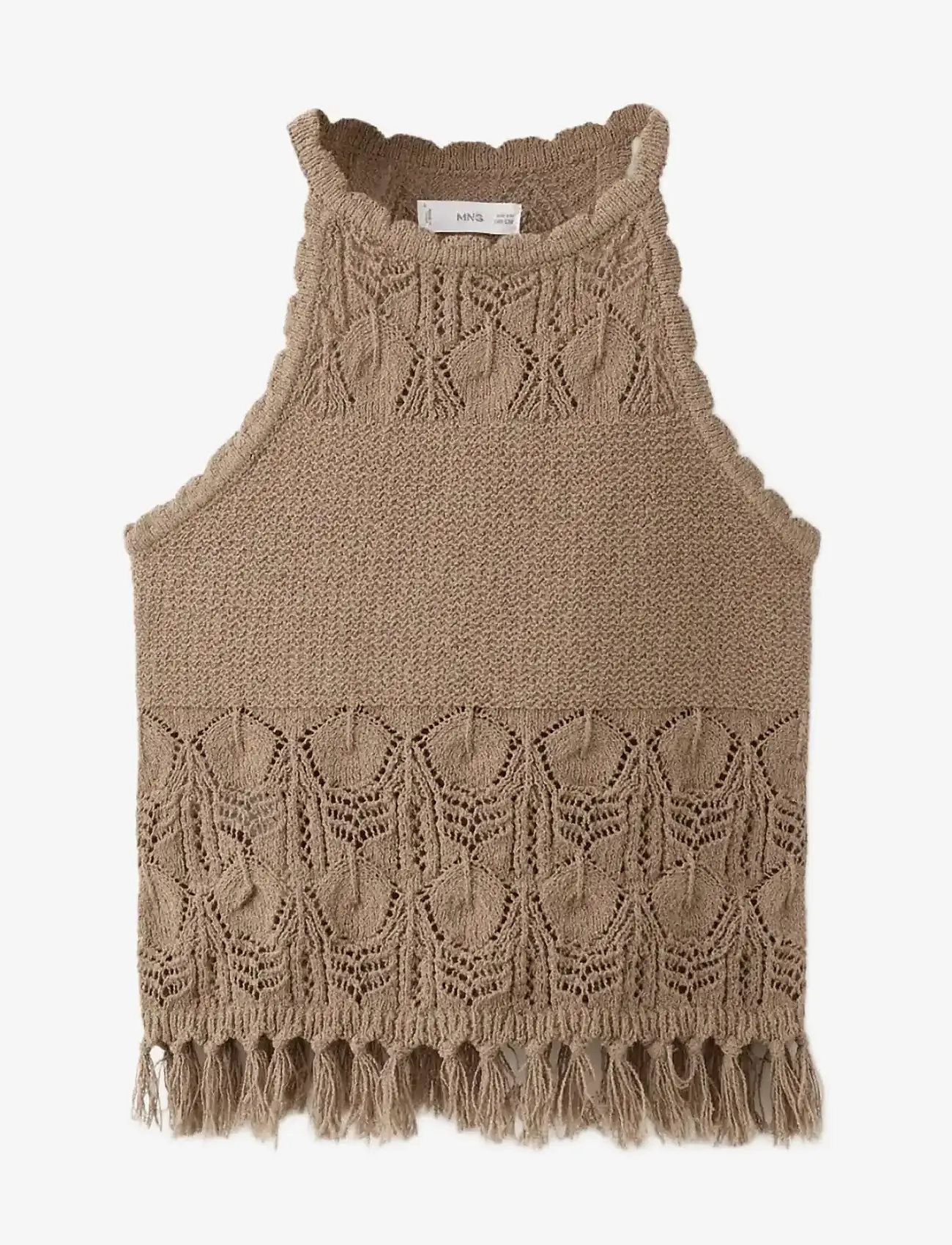 Mango - Crochet top with fringe detail - veste - brown - 0