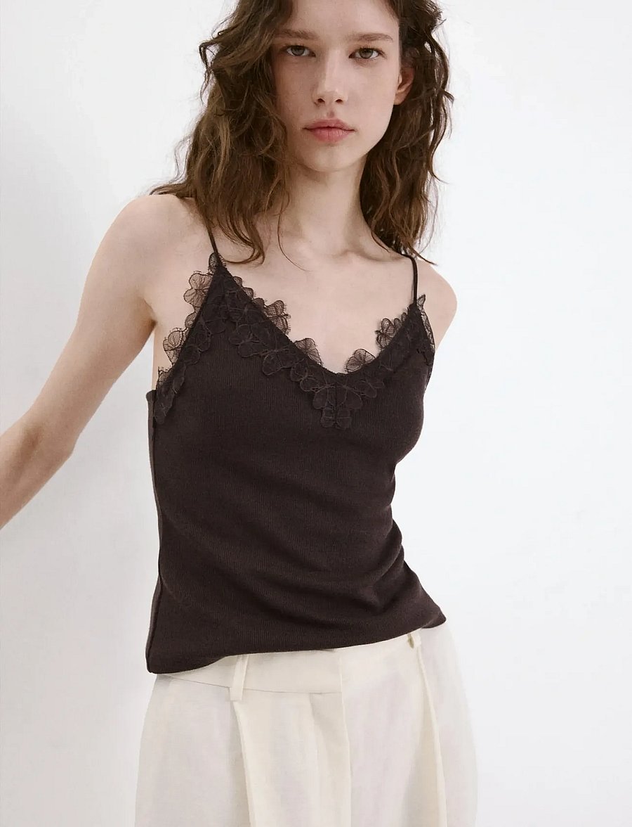 Mango - Lace detail knit top - tanktops - brown - 0