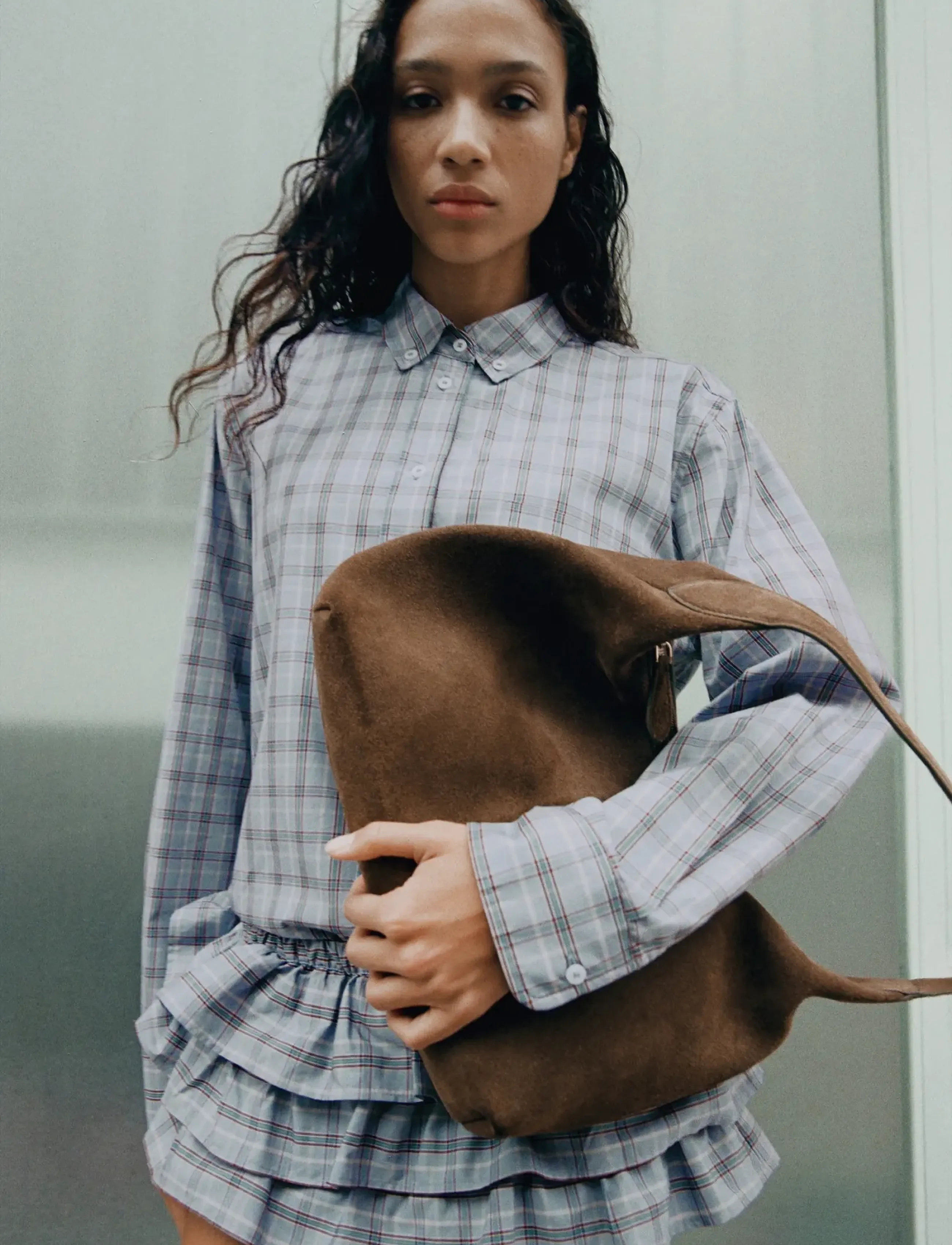 Mango Check Cotton Shirt, L, Shirts, Blau - Long-sleeved, Frauen