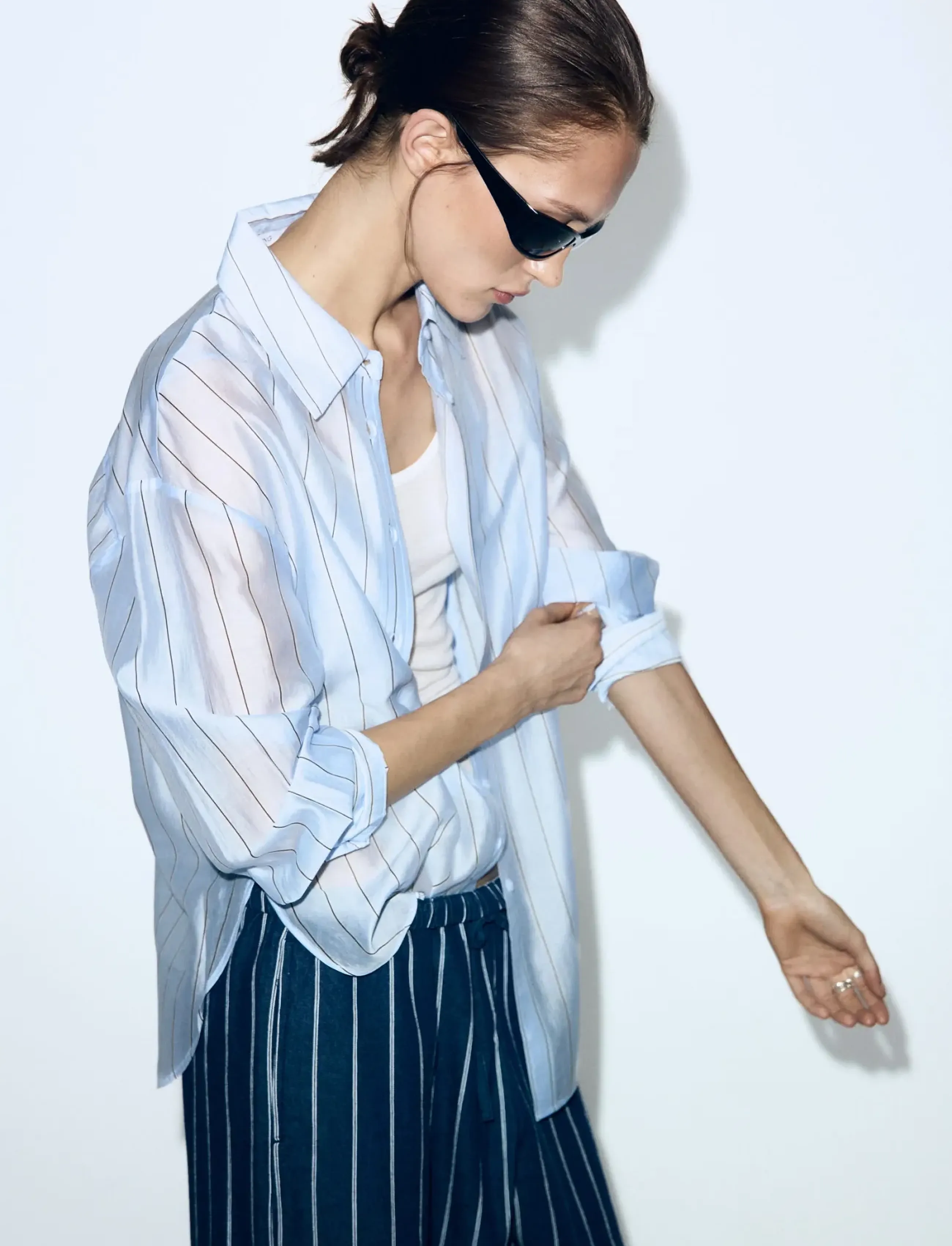 Mango Striped Lyocell Shirt, Kvinder, Stribet Skjorte, Blå, Str: L