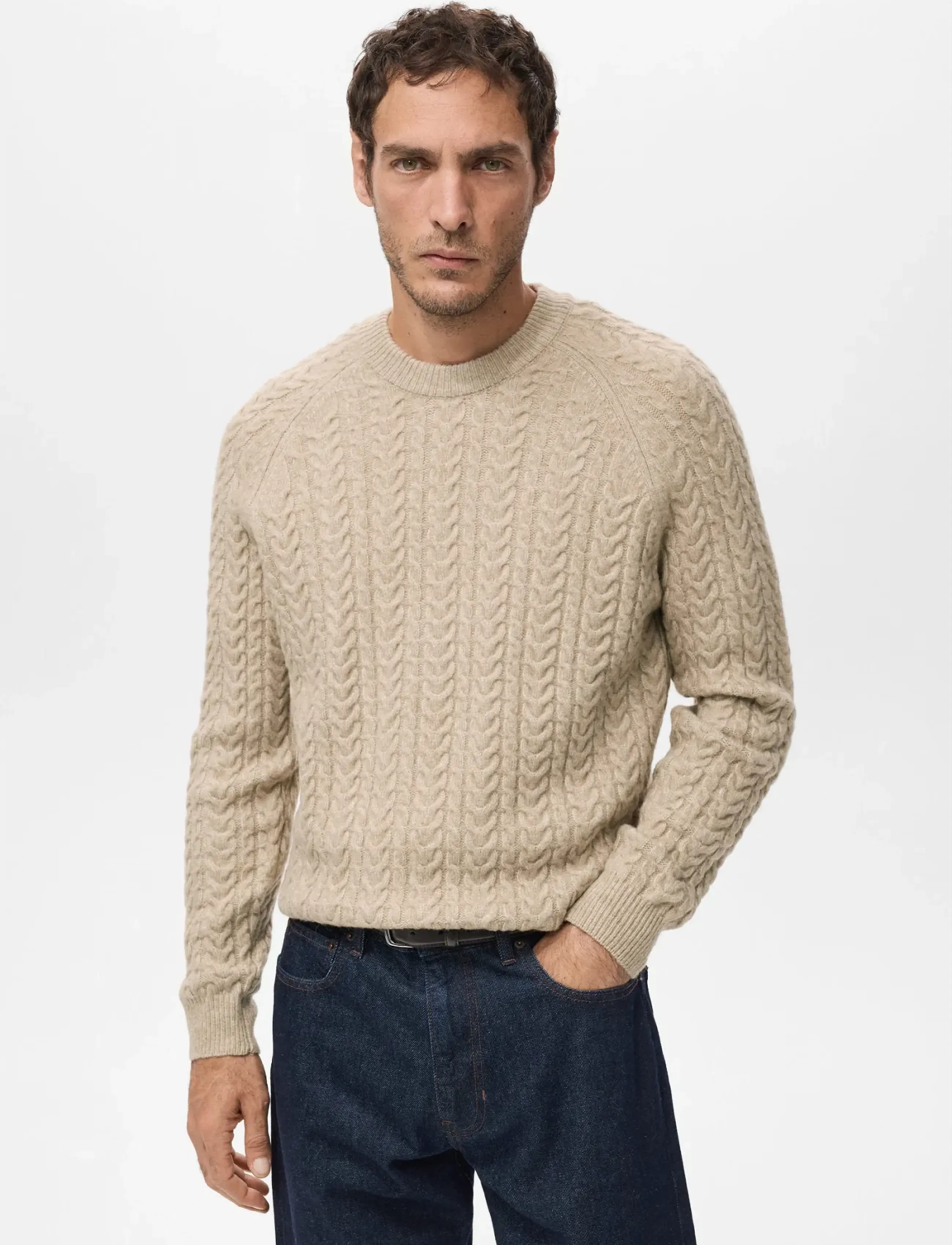 Mango Braided Knitted Sweater, Mænd, Kabelstrikket Sweater, Beige, Str: XL