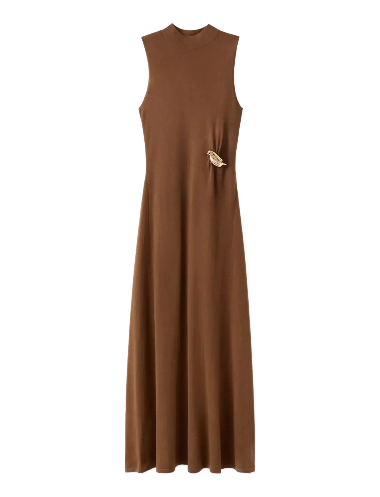 Turtleneck knitted dress with brooch - DARK BROWN