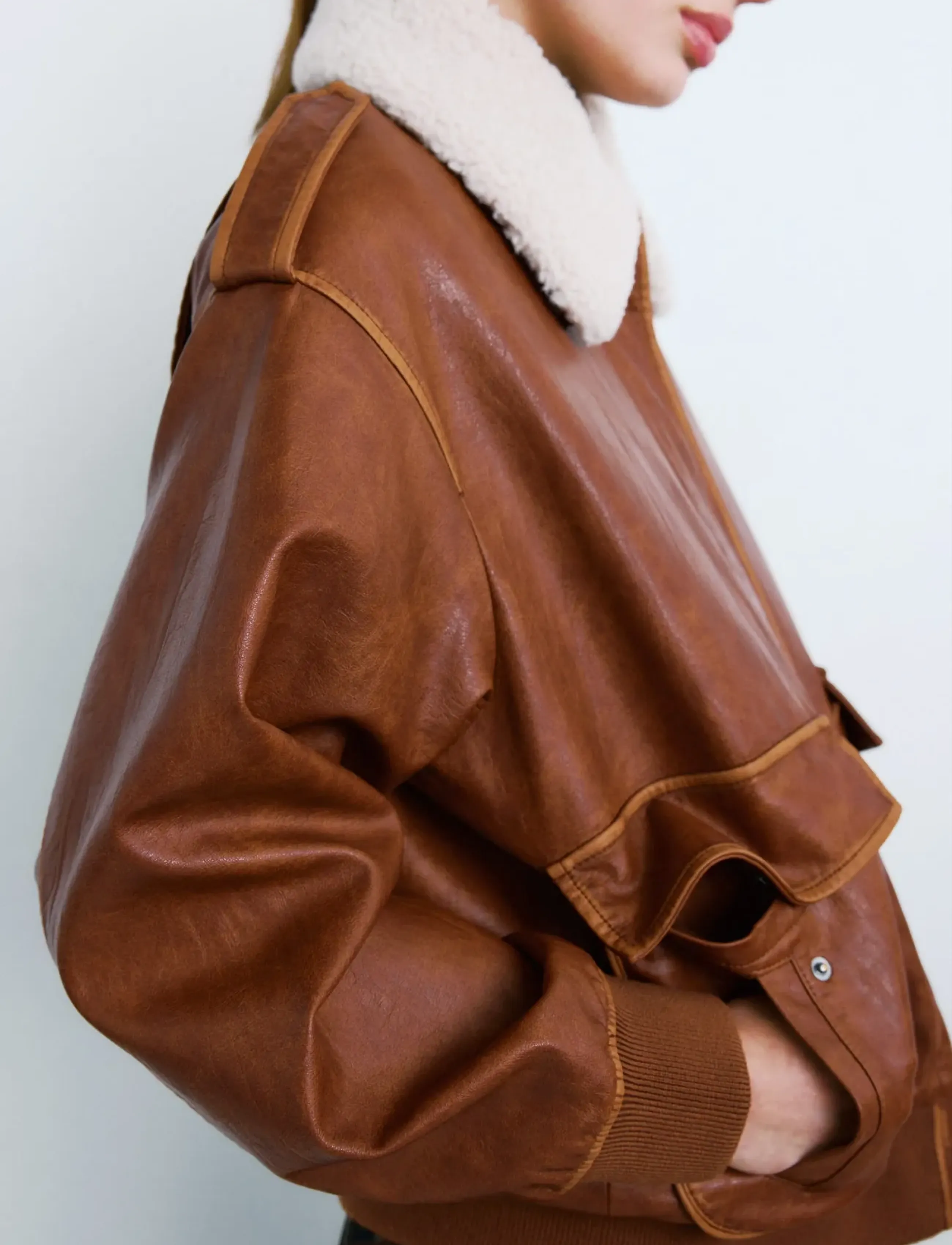 Mango Oversized Jacket With Borg Collar, L, Jackets, Braun - Bomber, Frauen