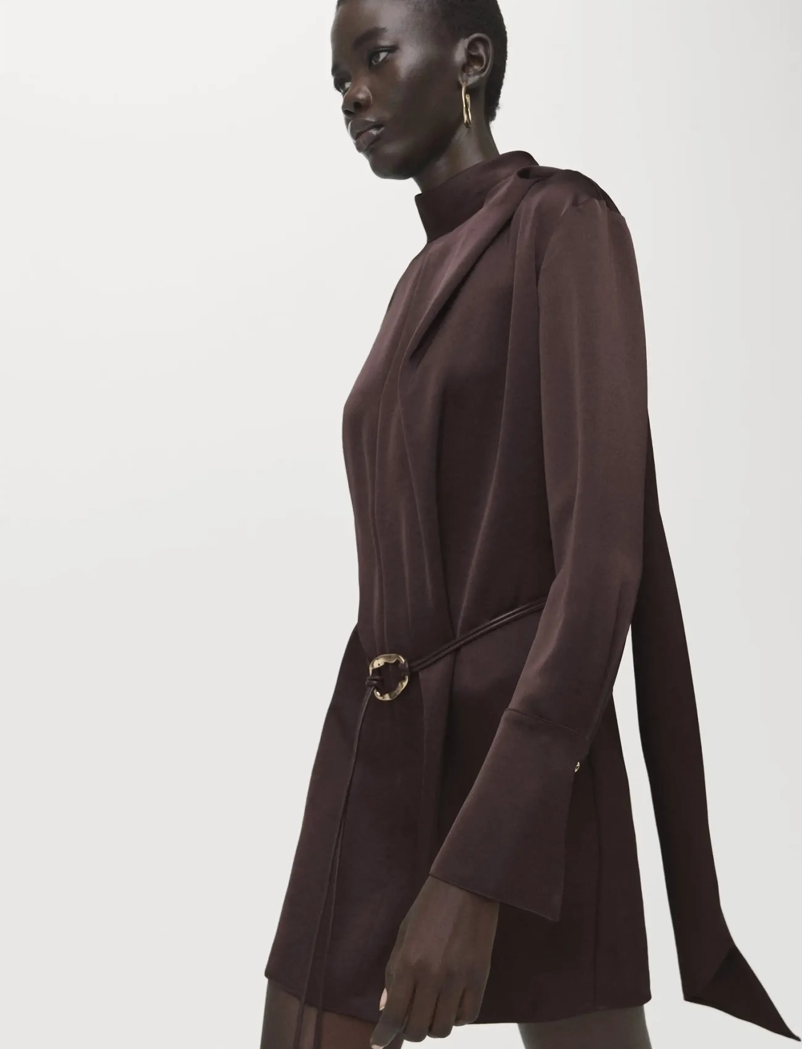 Mango Satin Dress With Foulard, XS, Dresses, Braun - Short Dress, Frauen