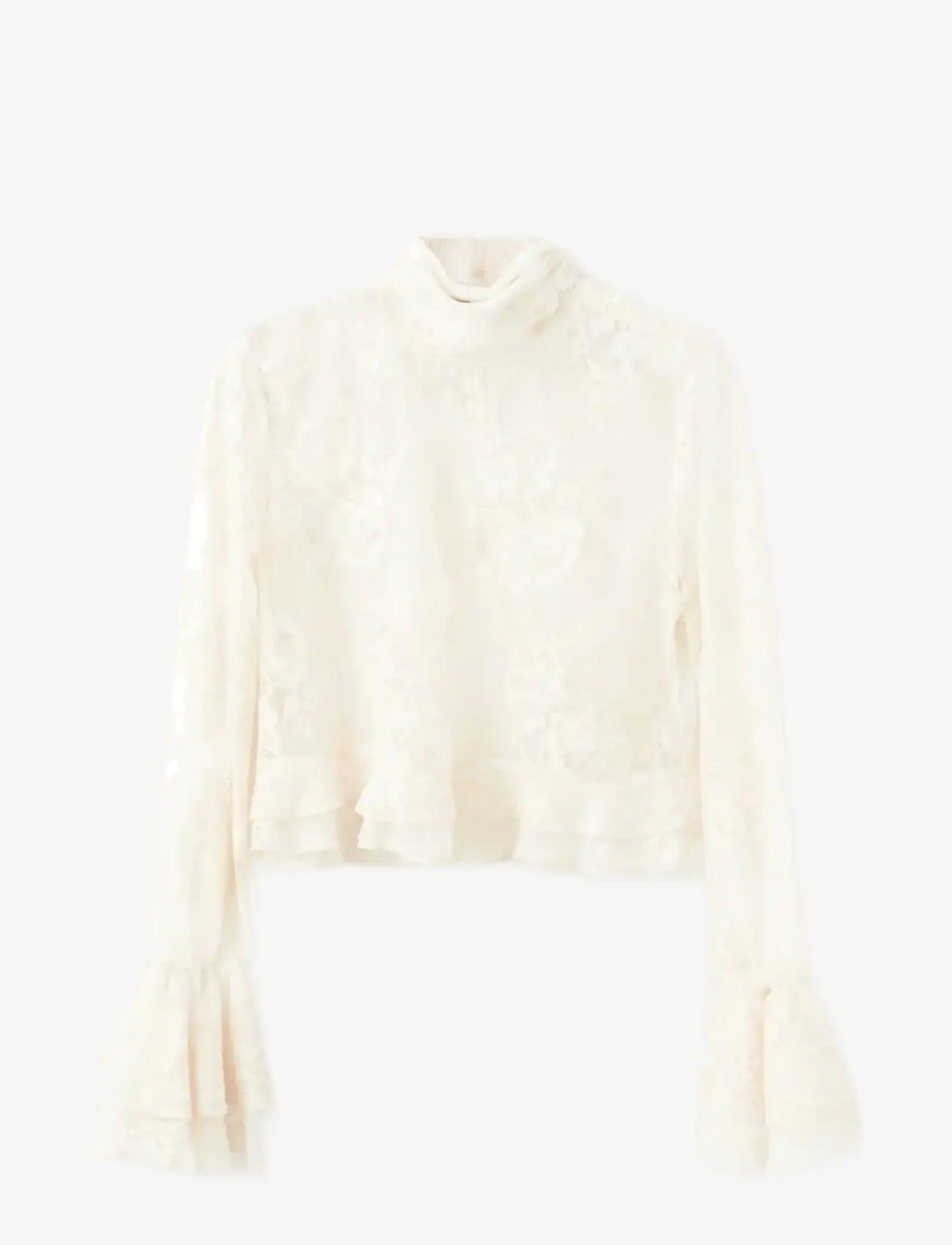 Mango - Ruffled embroidered blouse - langærmede bluser - light beige - 1