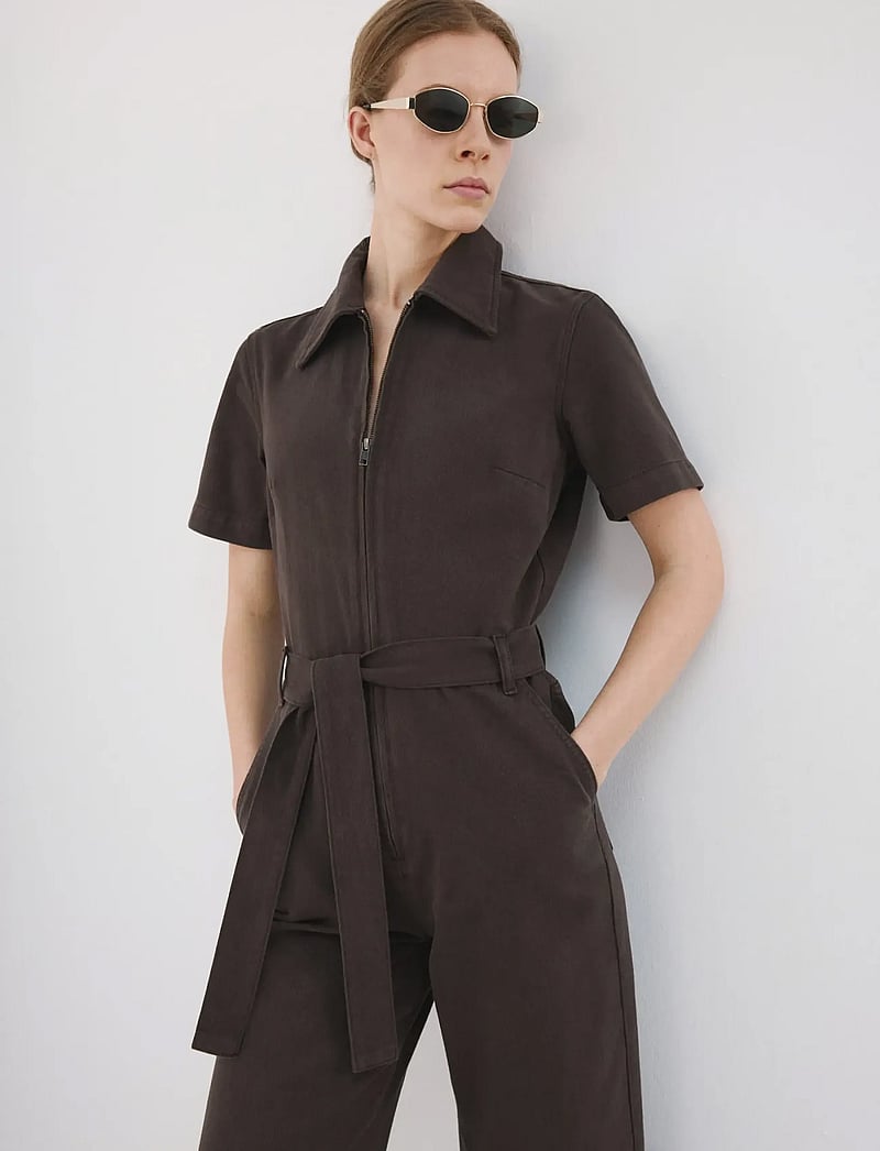 Mango - Zip denim jumpsuit - jumpsuits - dark brown - 0
