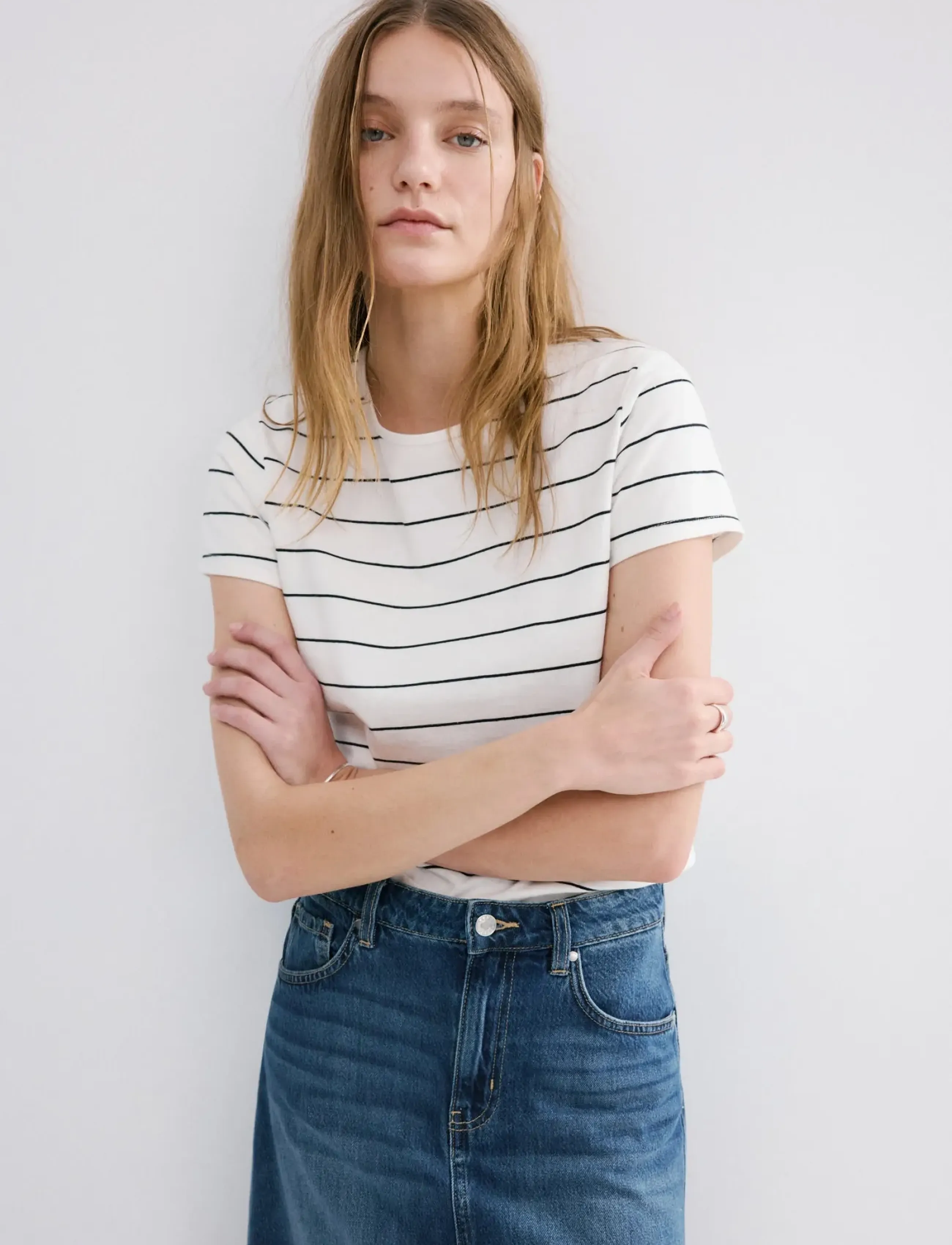 Mango Striped Cotton T-Shirt, Kvinder, Kortærmet Stribet T-shirt, Hvid, Str: M