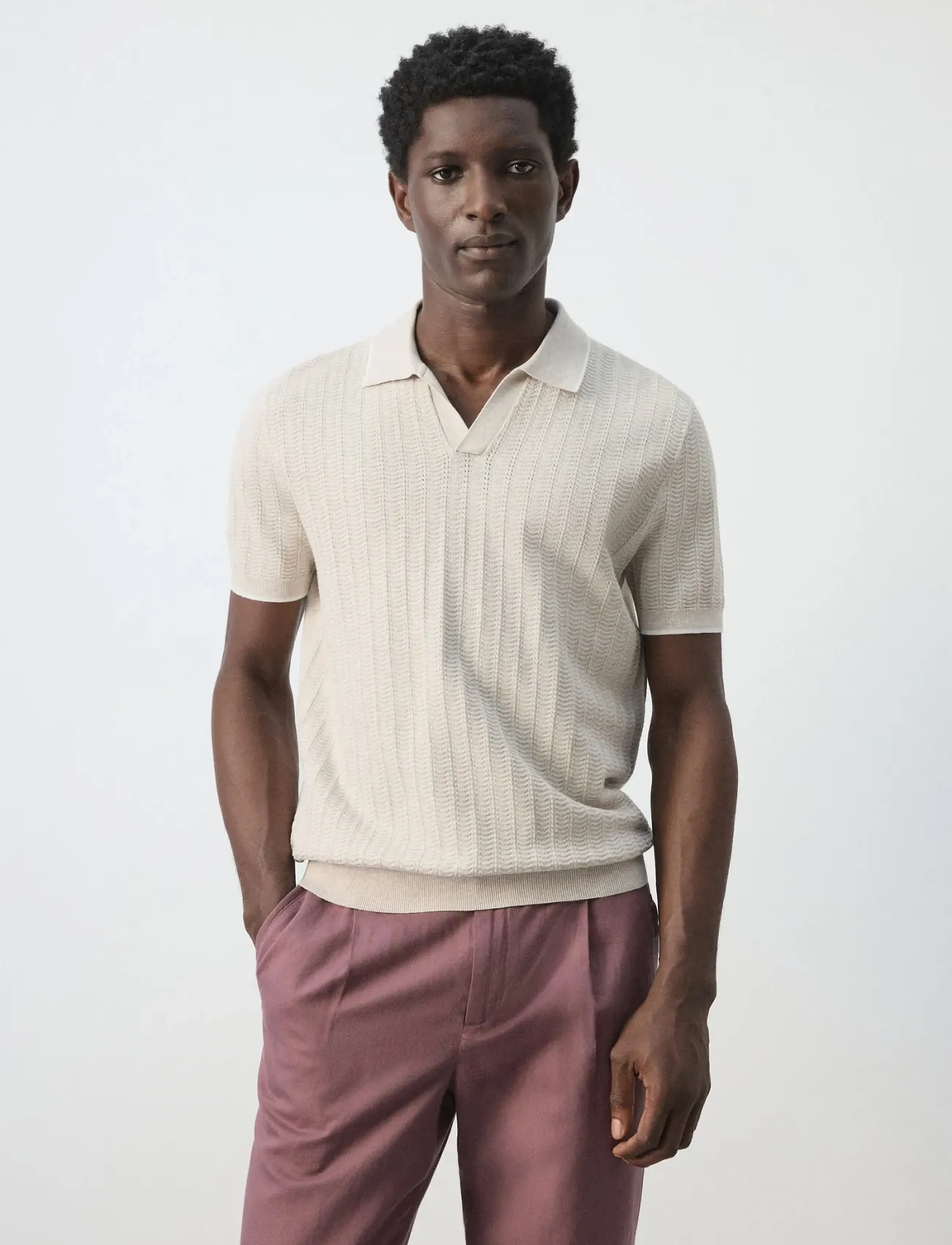 Mango - Structured fine-knit polo shirt - strikkede poloer - lt pastel brown - 0