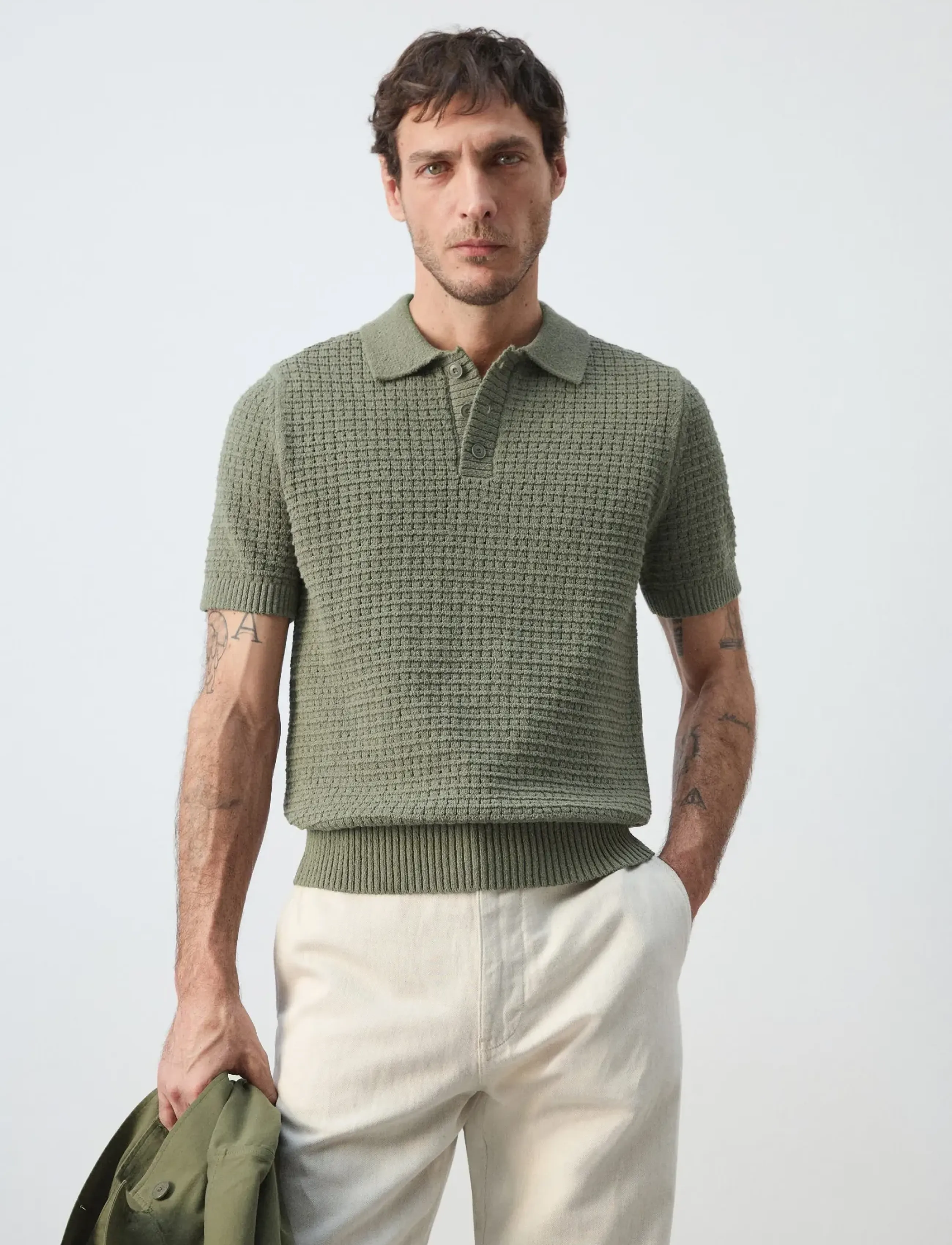 Mango Waffle knit polo - Mango - MEDIUM GREEN / khaki/green