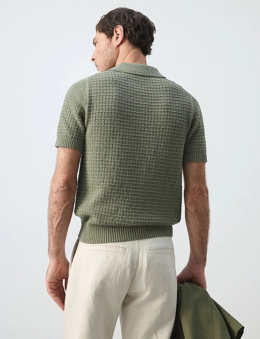 Mango - Waffle knit polo - kortærmede poloer - medium green - 2