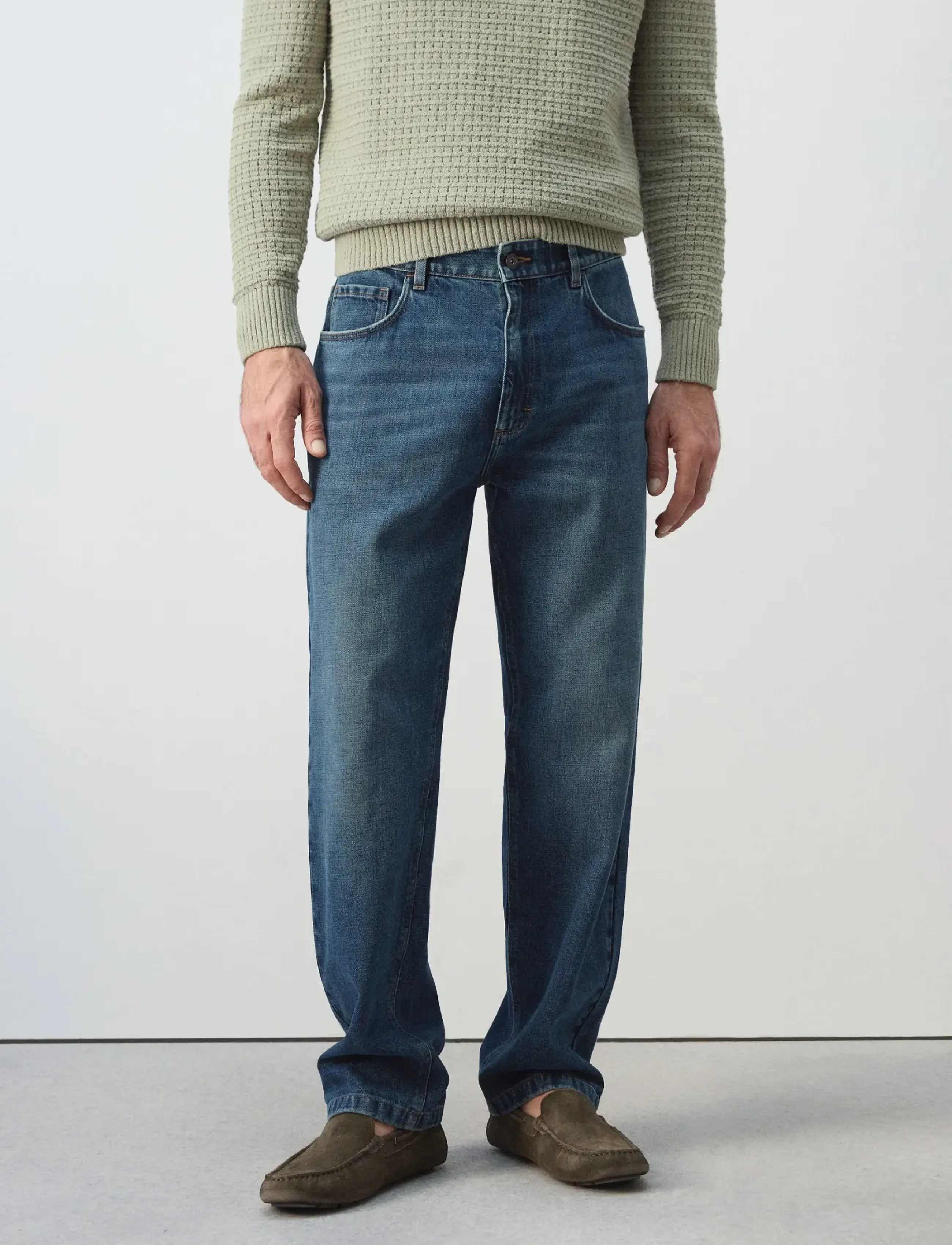 Mango Straight Fit Cotton-Linen Jeans, 40, Blue, Jeans > Almindelige, Herre