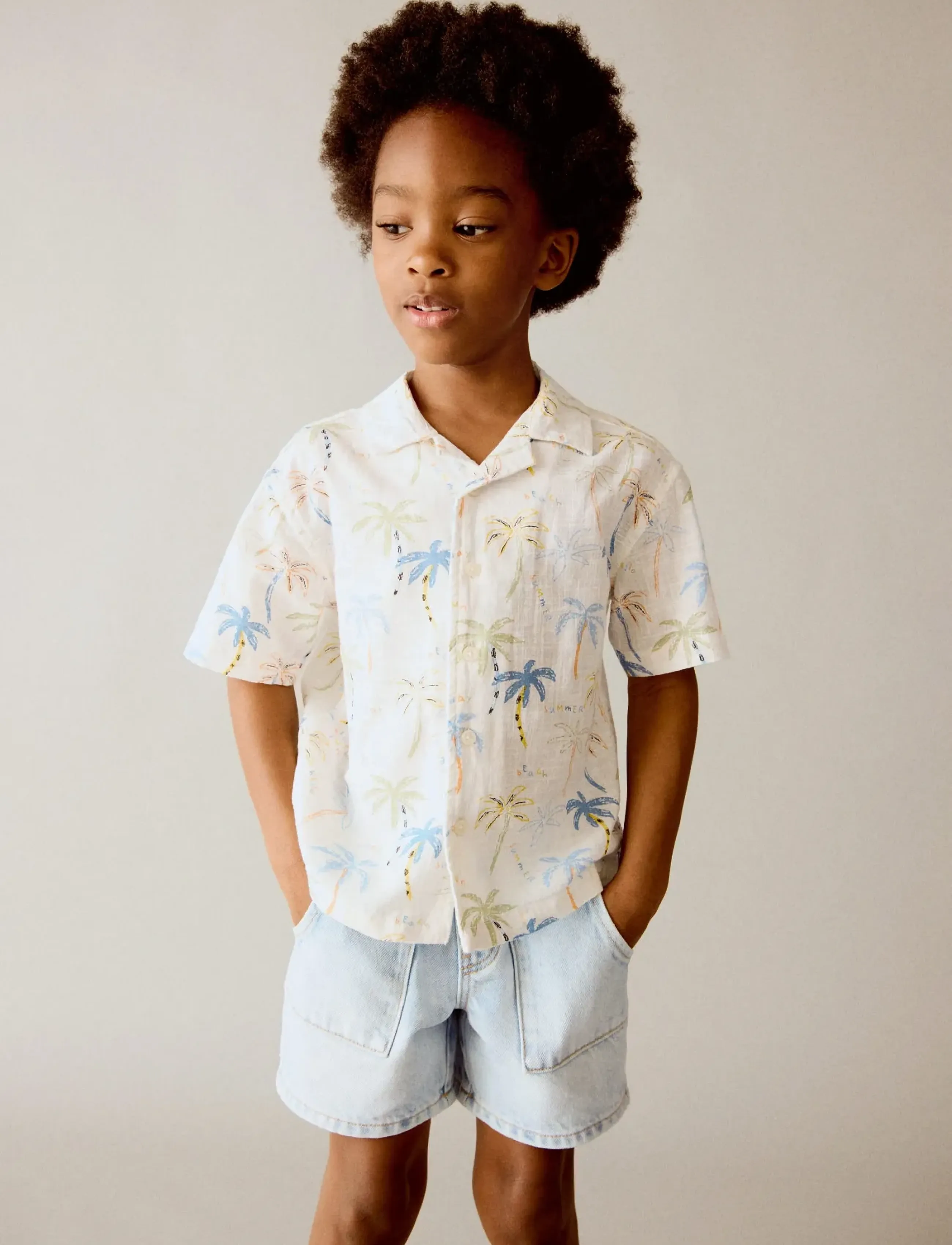 Mango Palm Trees Design Cotton Shirt, Børn, Kortærmet Palmeskjorte, Cream, Str: 18-24M