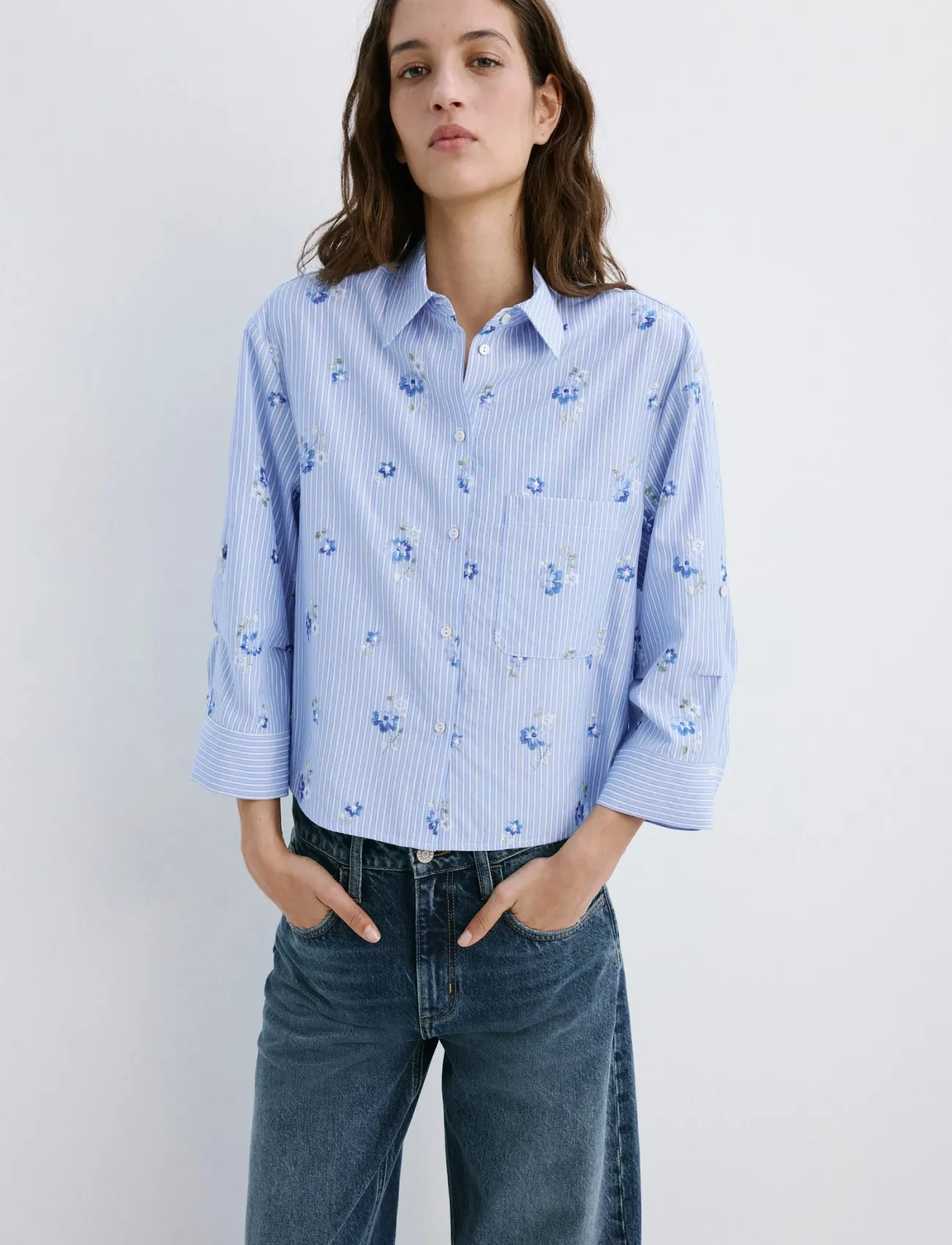 Mango Flower embroidered striped shirt - Skjortor - LT-PASTEL BLUE / multi