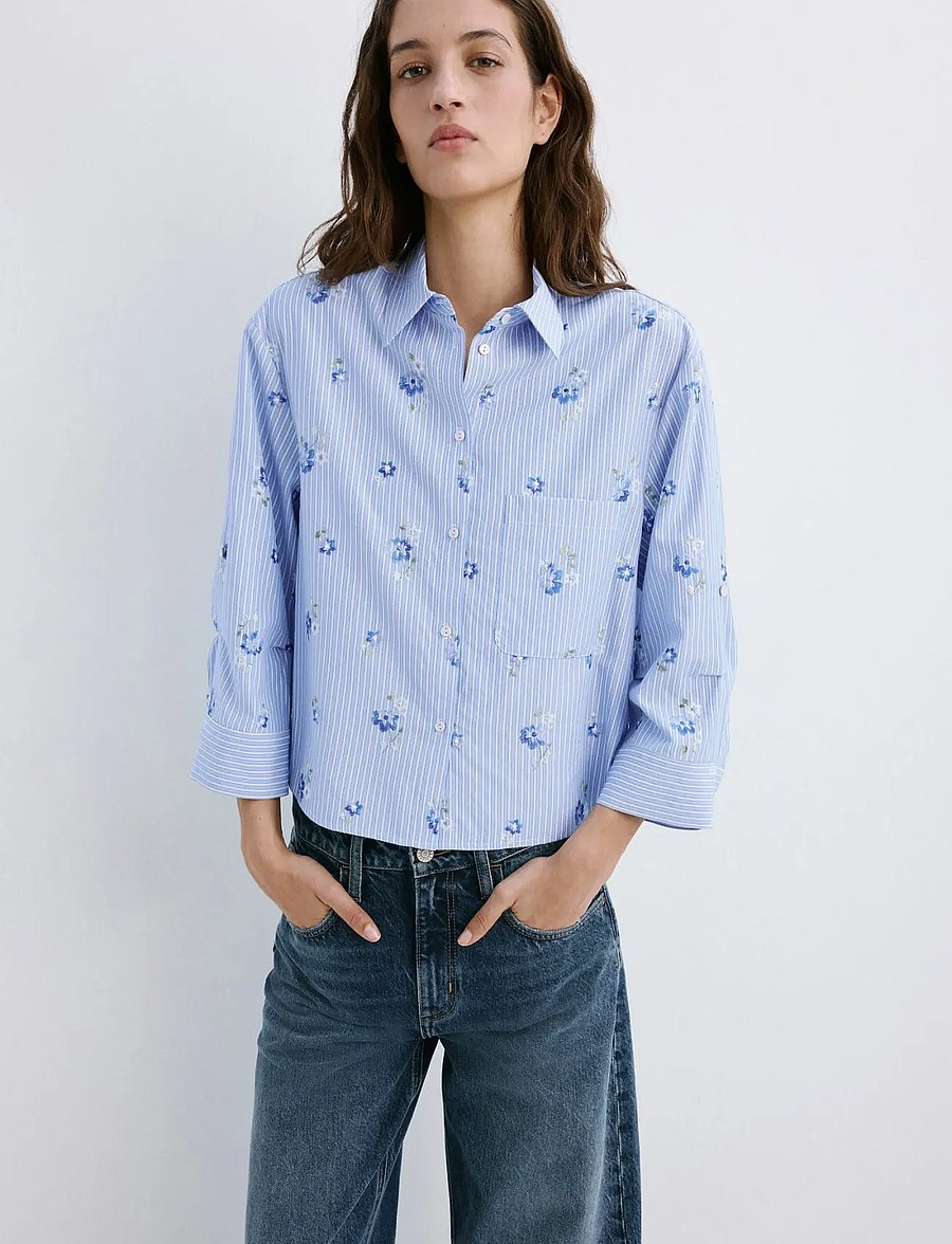 Mango - Flower embroidered striped shirt - langärmlige hemden - lt-pastel blue - 0